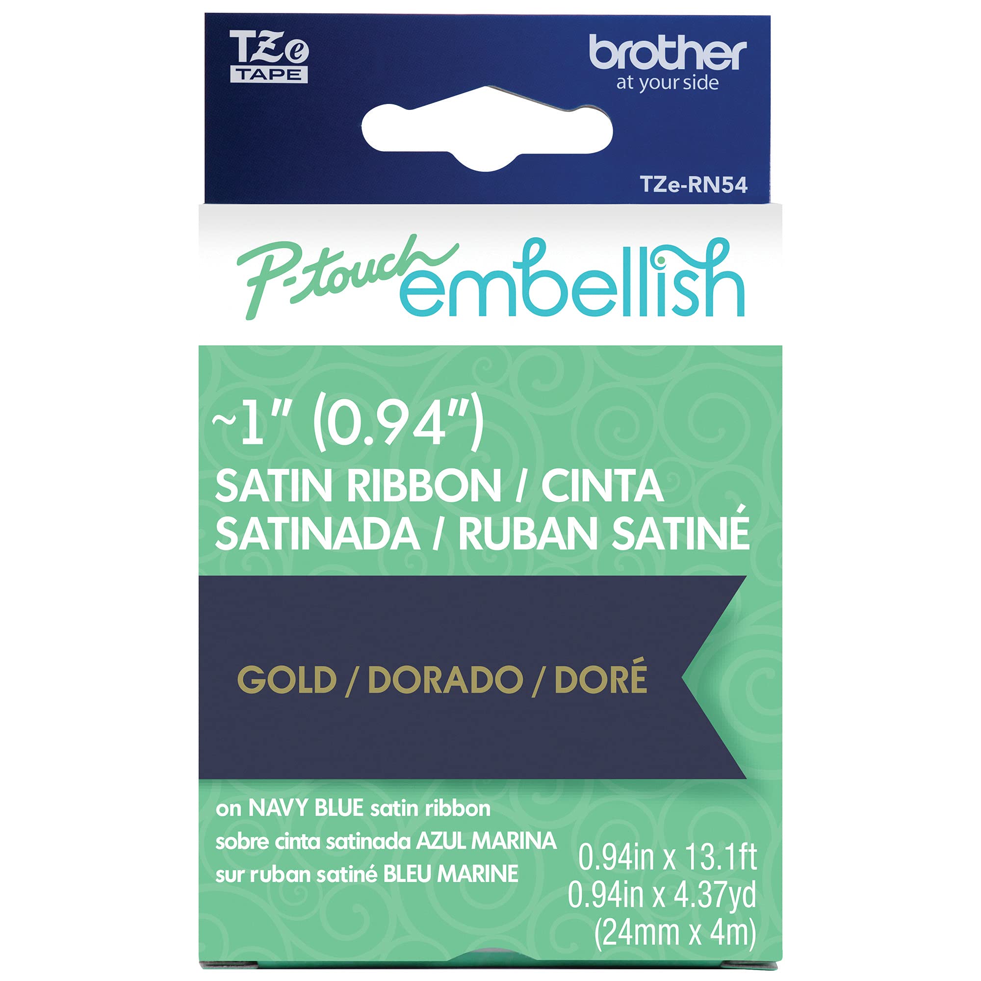 Brother P-Touch Embellish Gold Print on Navy Satin Ribbon TZE-RN54 - ~1" Wide x 13.1ft. Long (24mm x 4m/4.37yds), TZERN54