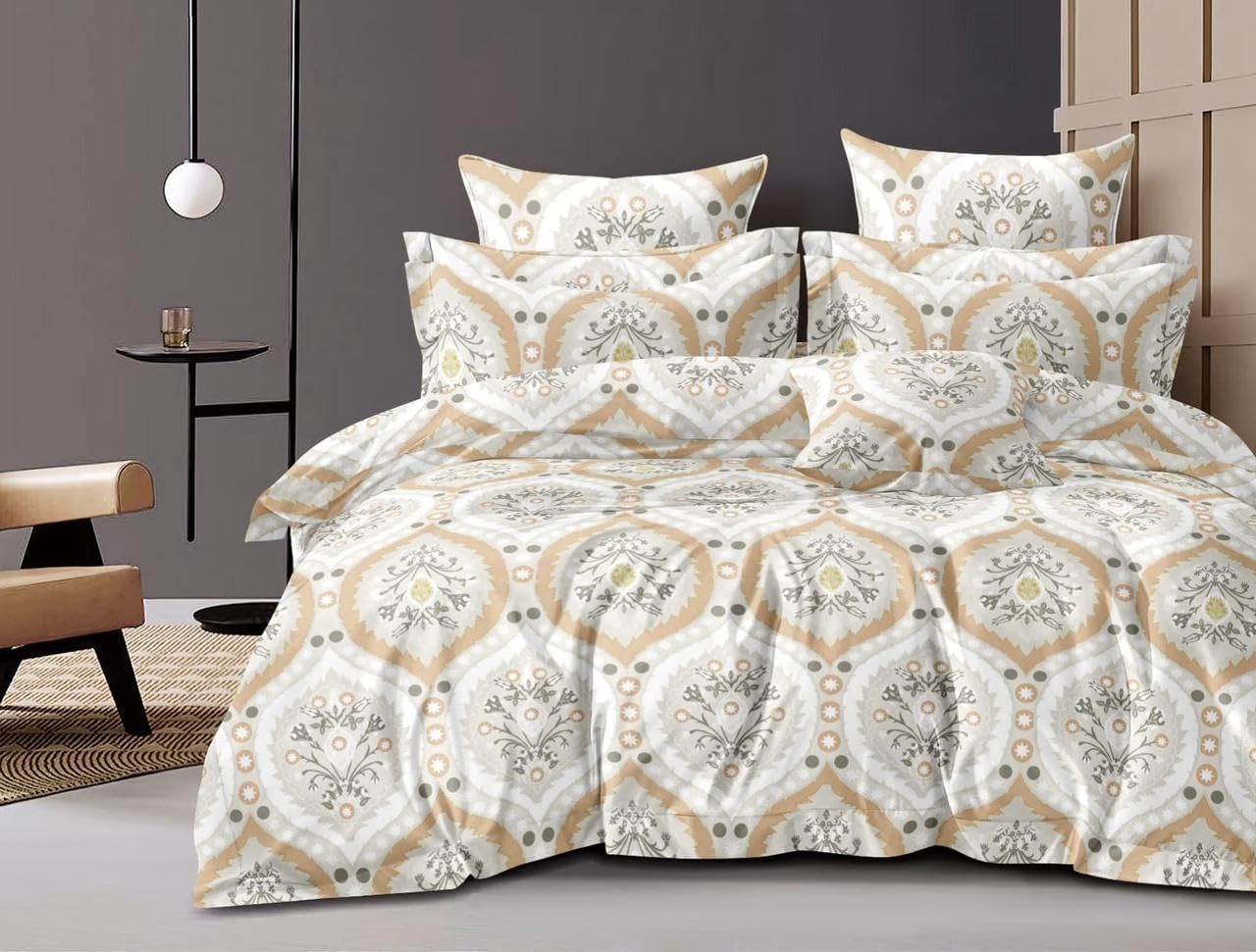 THE HOME STYLE Cotton Feel Glace Cotton Elastic Fitted Printed Queen Size Double Bed Bedsheet with 2 Pillow Cover Fits Upto 8 Inches Mattress, 300TC (60"x78", Azure Beige)