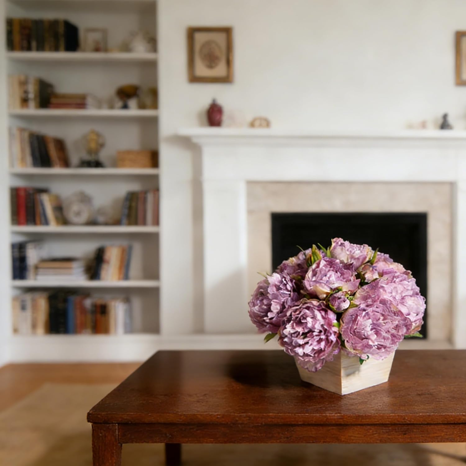 Faux Peony Flowers with Wood Vase, 12Pcs Purple Silk Floral Artificial Arrangements, Centerpieces for Tables, Flower Bulk with Vase, Real Look Peony for Office Washroom Home Decor