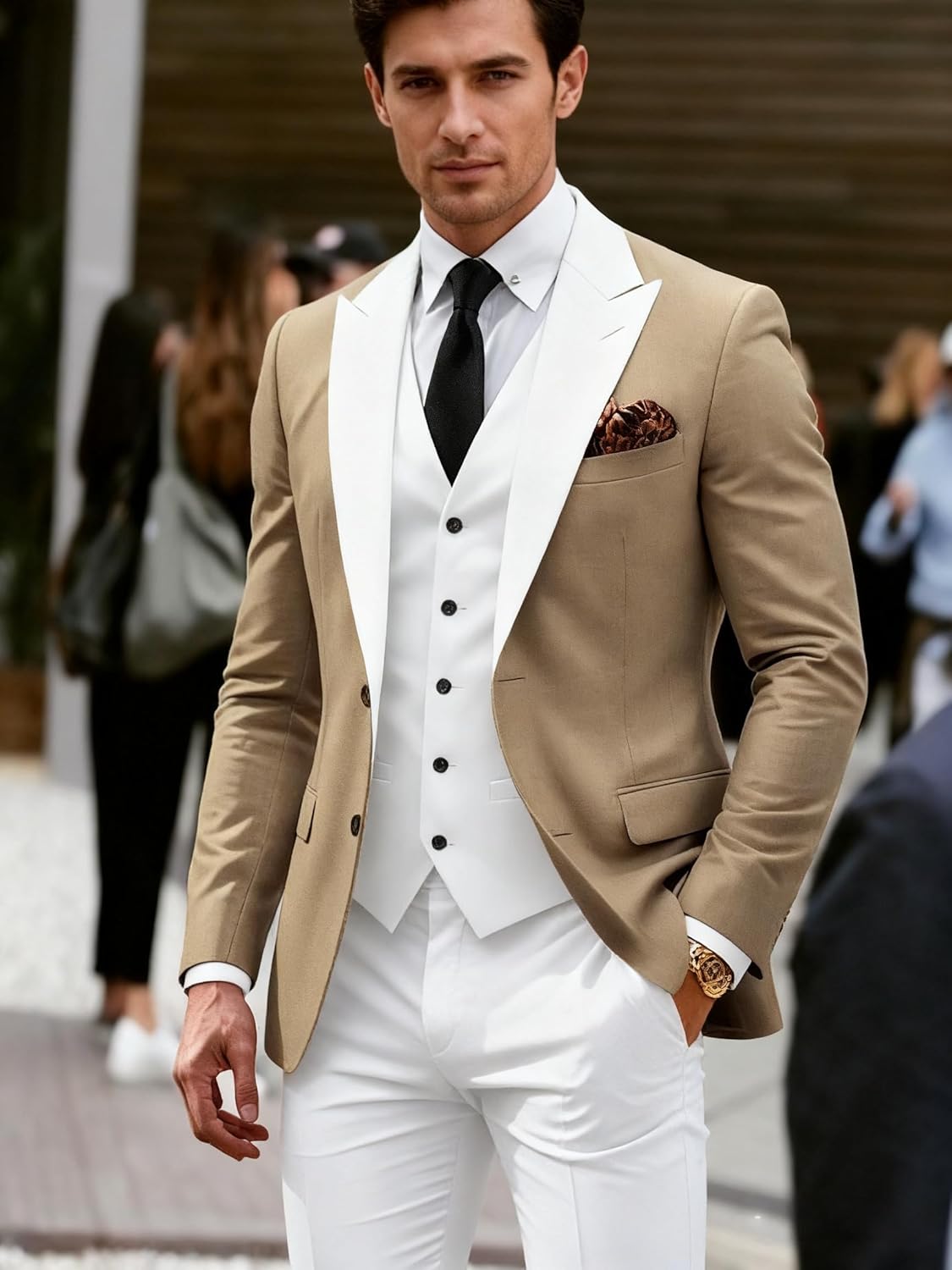 HUUTOE 3 Piece White Tuxedo for Men Slim Fit Mens Classic Suit Set Prom Orange + White Tuxedo Wedding Groom Orange Suits Blazer Dress Vest Pants-Trajes de Hombre L Wedding