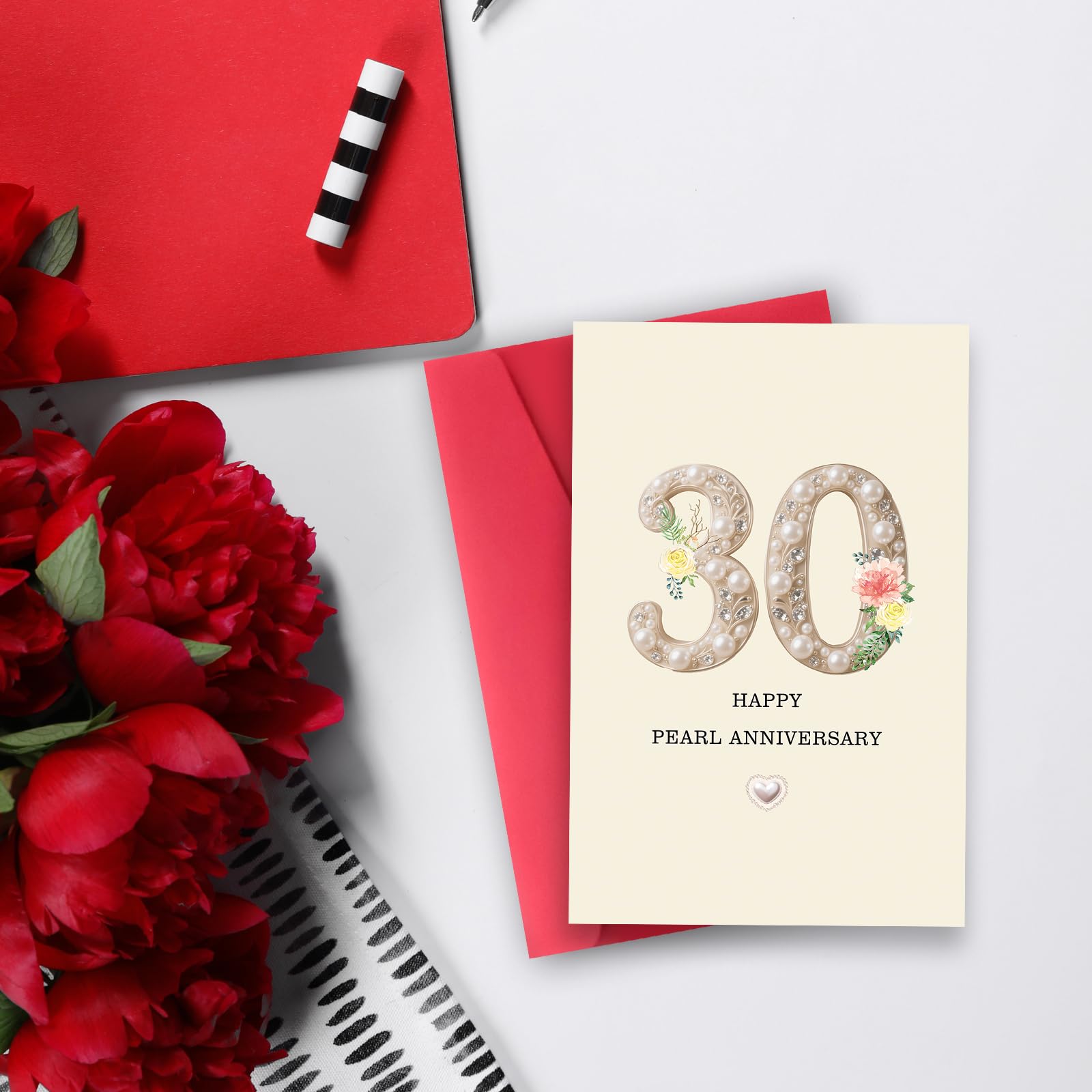 Tarjeta de 30 aniversario, regalo de 30 aniversario de boda, regalo de tarjeta de aniversario de 30 años, aniversario de perlas felices, 8 x 5.3 pulgadas, doble cara