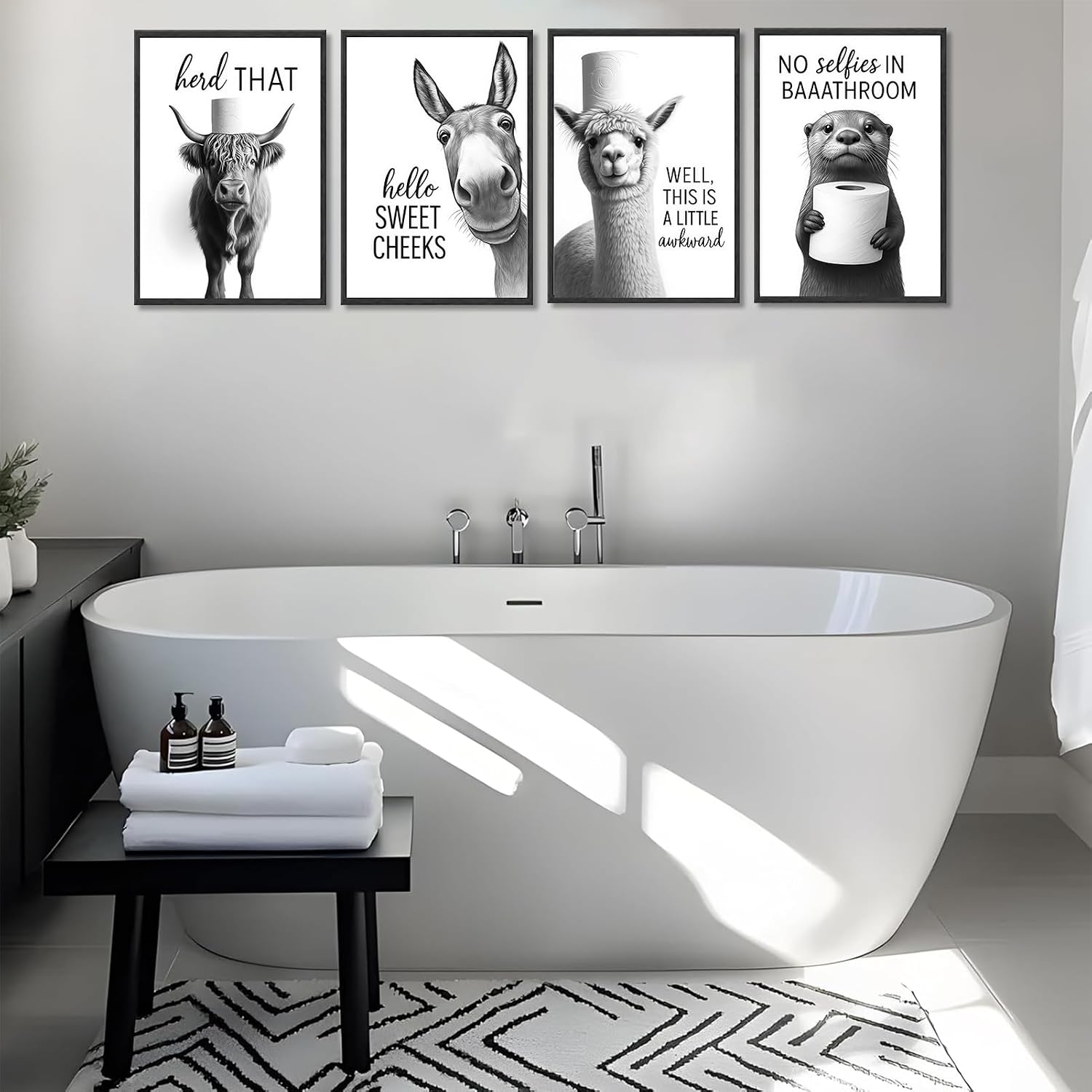 Funny Bathroom Wall Art Set of 4 Black and White Bathroom Wall Decor Toilet Paper Pictures Cute Humorous Animal Posters Prints Toilet Signs Painting Artwork Decoration 8x10in Unframed