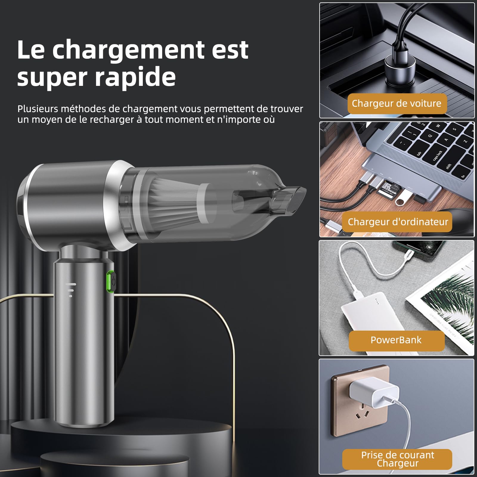 Aspirateur à Main, 25000Pa Aspirateur à Main sans Fil, Aspirateur de Voiture à 3 Vitesses avec Moteur sans Brosse, Mini Aspirateur de Voiture pour Voiture Animaux Maison Car
