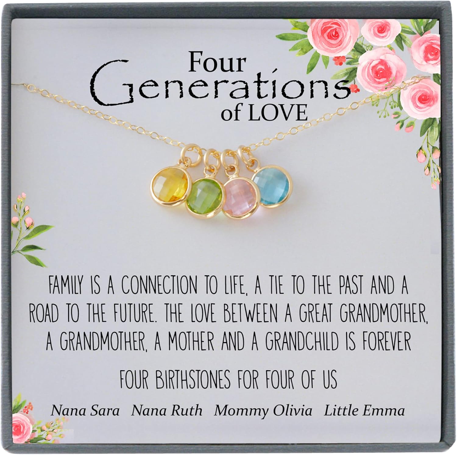 Be Wished Personalized 4 Generations Necklace with Custom Birthstones, 925 Sterling or Goldfilled Jewelry with Meaningful Message