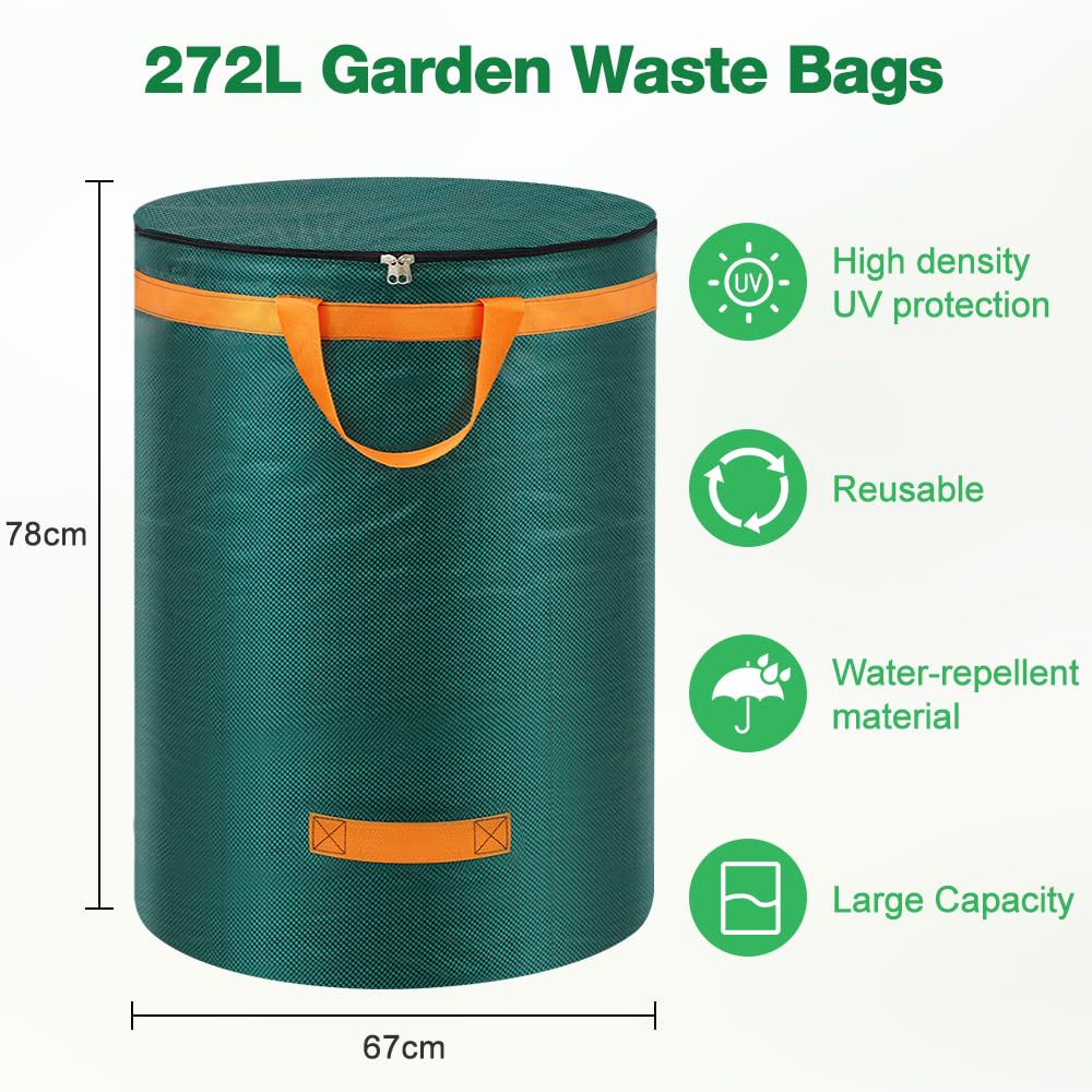 Eurhomewit 3 Pcs Green Garden Waste Bags 272L, Large Refuse Bags Heavy Duty with Handles and Lid - Image 2