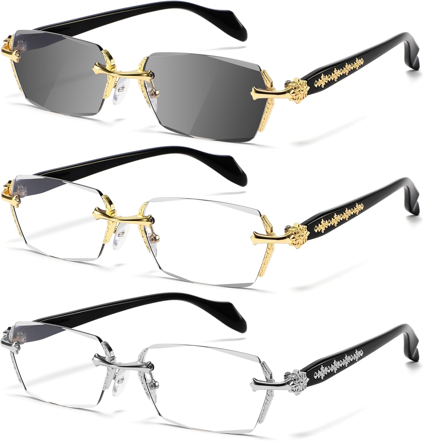 CASIK&VUEK Men's sunglasses with rimless diamond-cut lenses, metal pattern inlay, and anti-blue light reading function
