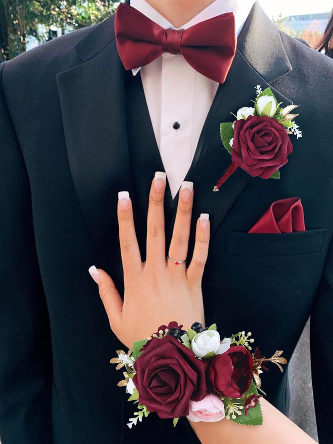 Rinlong Corsage and Boutonniere Set Burgundy Rose Corsages Wristlet Groom Flower Boutonniere for Men Wedding Homecoming Corsage for Prom