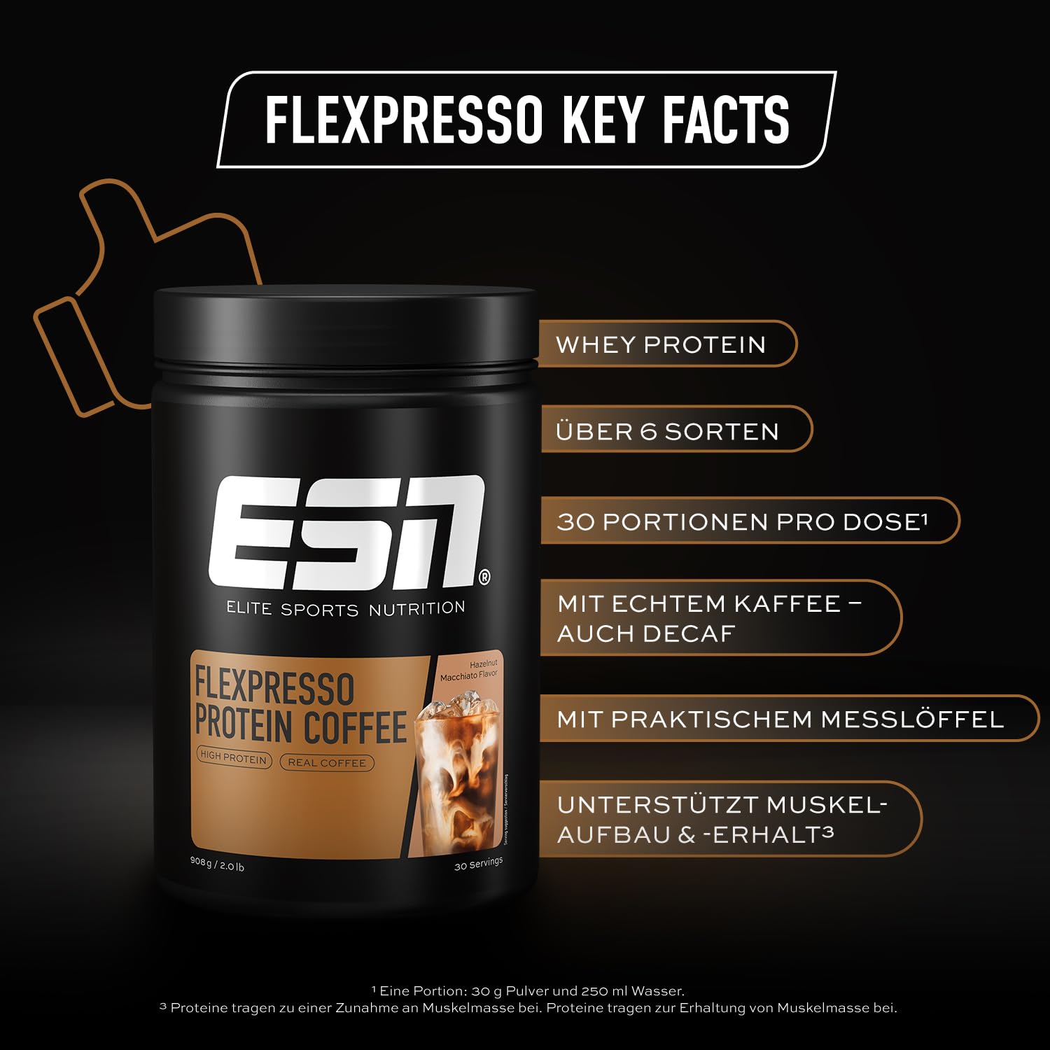 ESN Flexpresso Protein Coffee, Hazelnut Macchiato, 908 g | Cremiger Protein-Kaffee mit bis zu 22 g Protein pro Portion - made in Germany