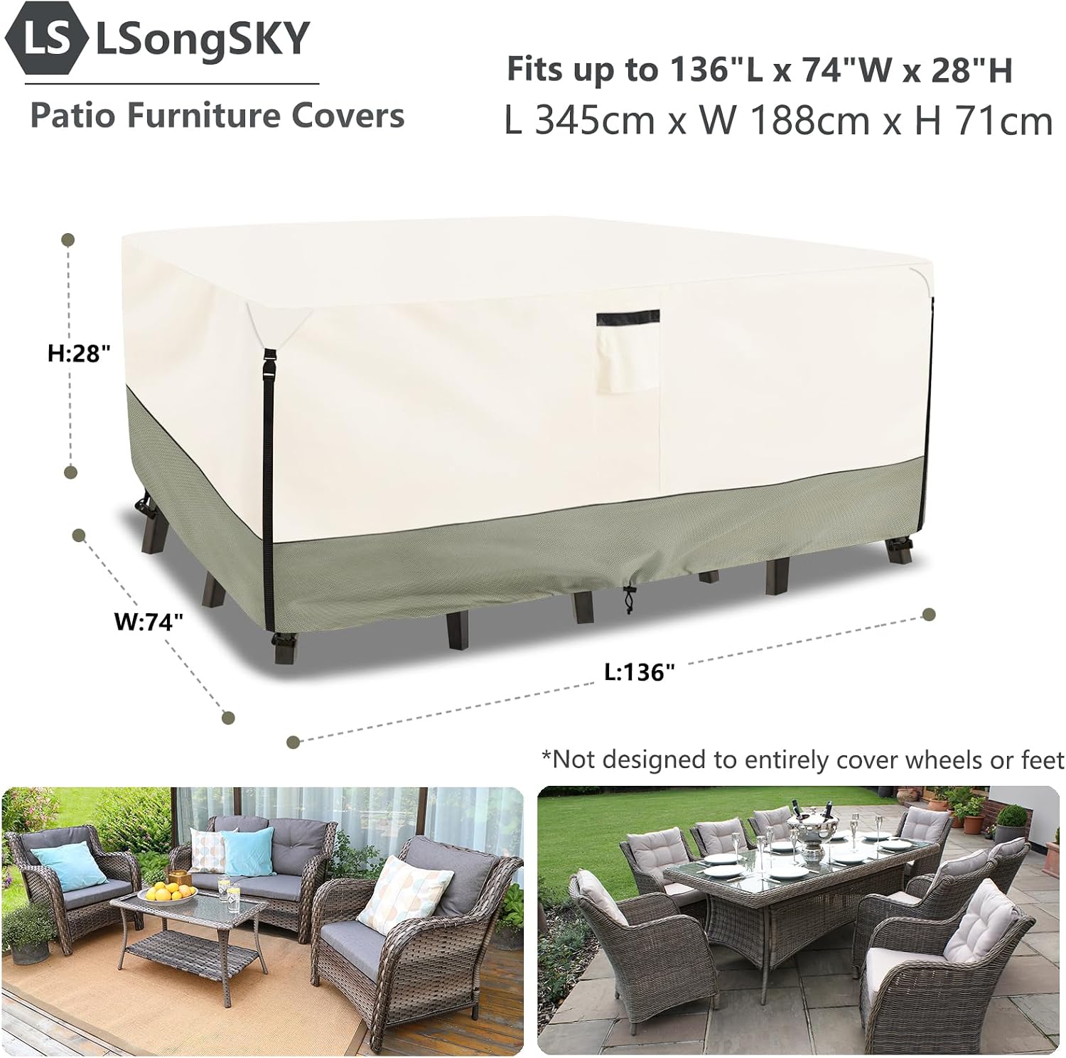 Outdoor Furniture Covers Waterproof,600D Heavy Duty Patio Furnitures Covers for 6/7/8 PCS Sets Sectional Sofa Couch Rocking Swivel Chairs Ottomans Coffee Table,136L x 74W x 28H inch Beige thumbnail