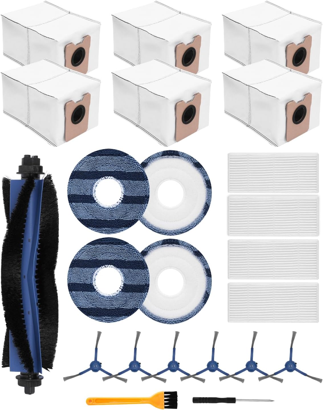 Accessories for Eufy C20 Omni Robot Vacuum, Replacement Kit, 6 Dust Bags, 4 Mop Wipes, 4 Filters, 1 Main Brushes, 6 Side Brushes, 1 Screwdrivers, 1 Brush