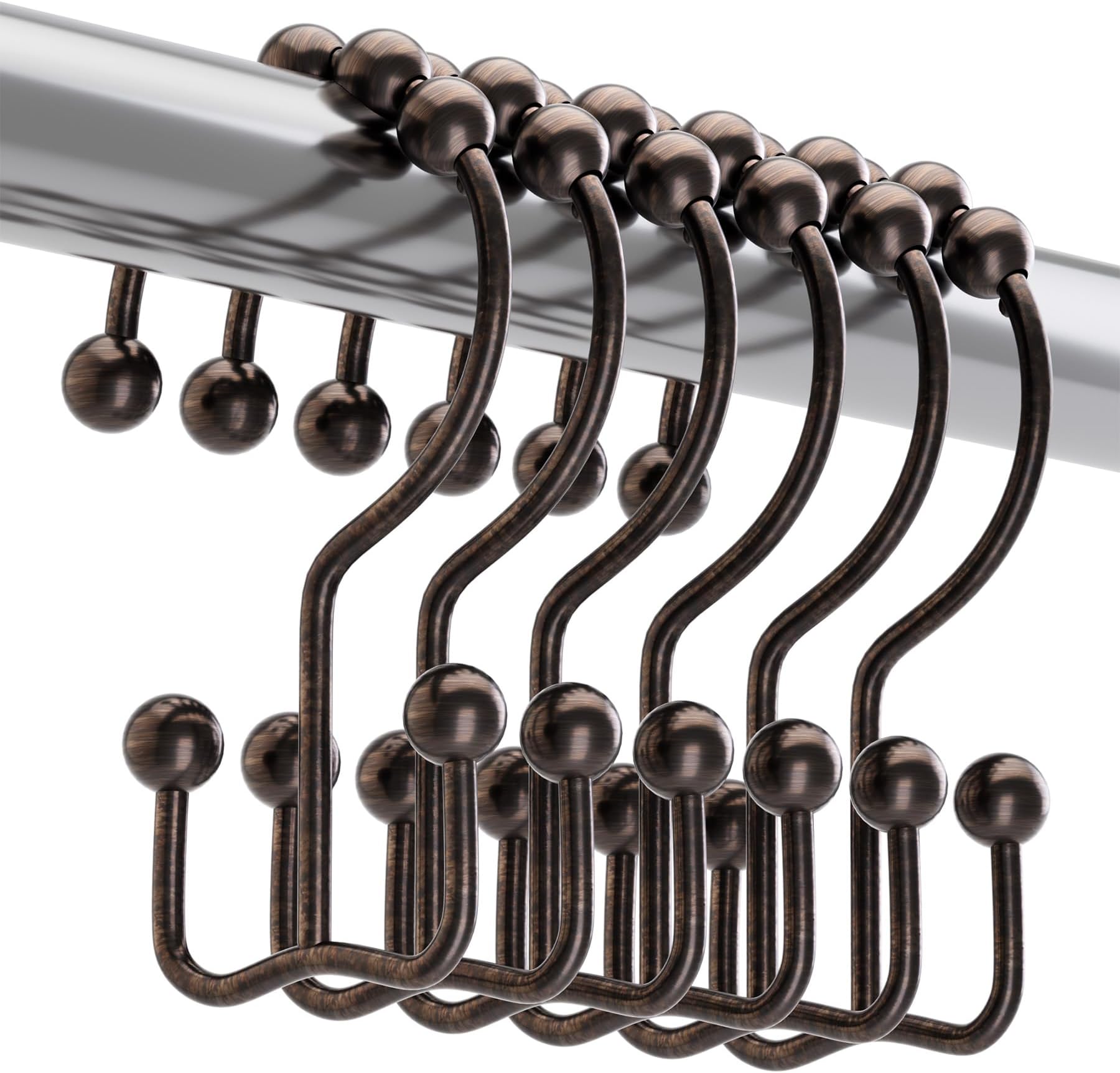 Titanker Shower Curtain Hooks Rings, Rust-Resistant Metal Double Glide Shower Hooks for Bathroom Shower Rods Curtains, Set of 12 Hooks - Bronze