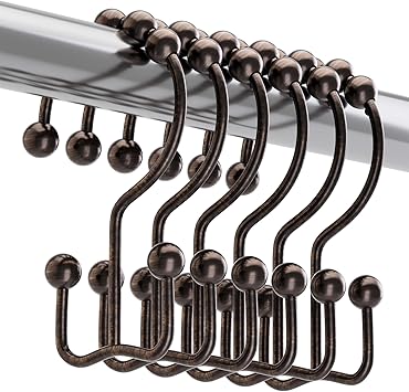 Titanker Shower Curtain Hooks Rings, Rust-Resistant Metal Double Glide Shower Hooks for Bathroom Shower Rods Curtains, Set of 12 Hooks - Bronze
