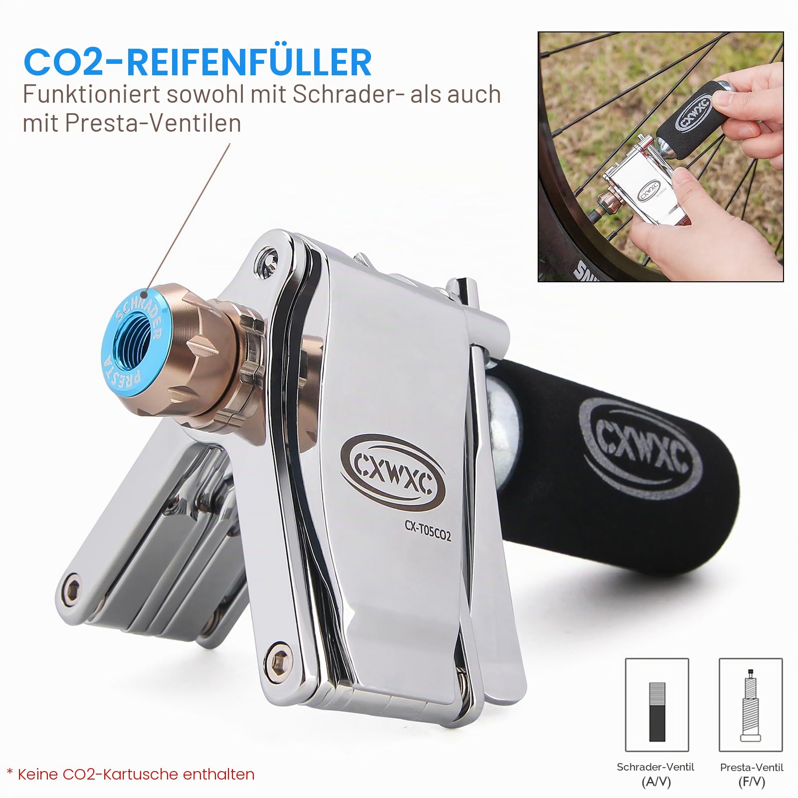 CXWXC Fahrrad Multitool Mit Fahrradpumpe CO2 Kartuschenpumpe,Multifunktionswerkzeug Reparatur Werkzeug Set,Kompakt und Leicht, für Rennrad,MTB,Stadtrad