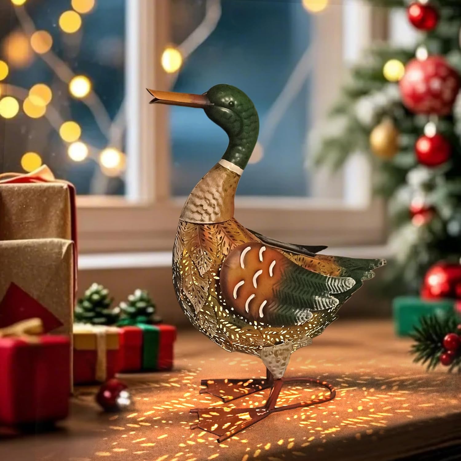 HONGLAND Solar Outdoor Metal Duck Sculpture, 16" Mallard Duck Garden Statue with Lights for Outdoor Patio, Backyard, Lawn, Home Kitchen Decoration