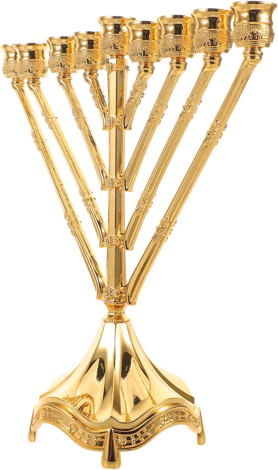 Chanukah Menorah Candle Holder with 9 Branches, Zinc Alloy Modern Candle Stick Holder for Hanukkah Decor, Elegant Gold-Tone Table Decoration for Home and Family Gatherings