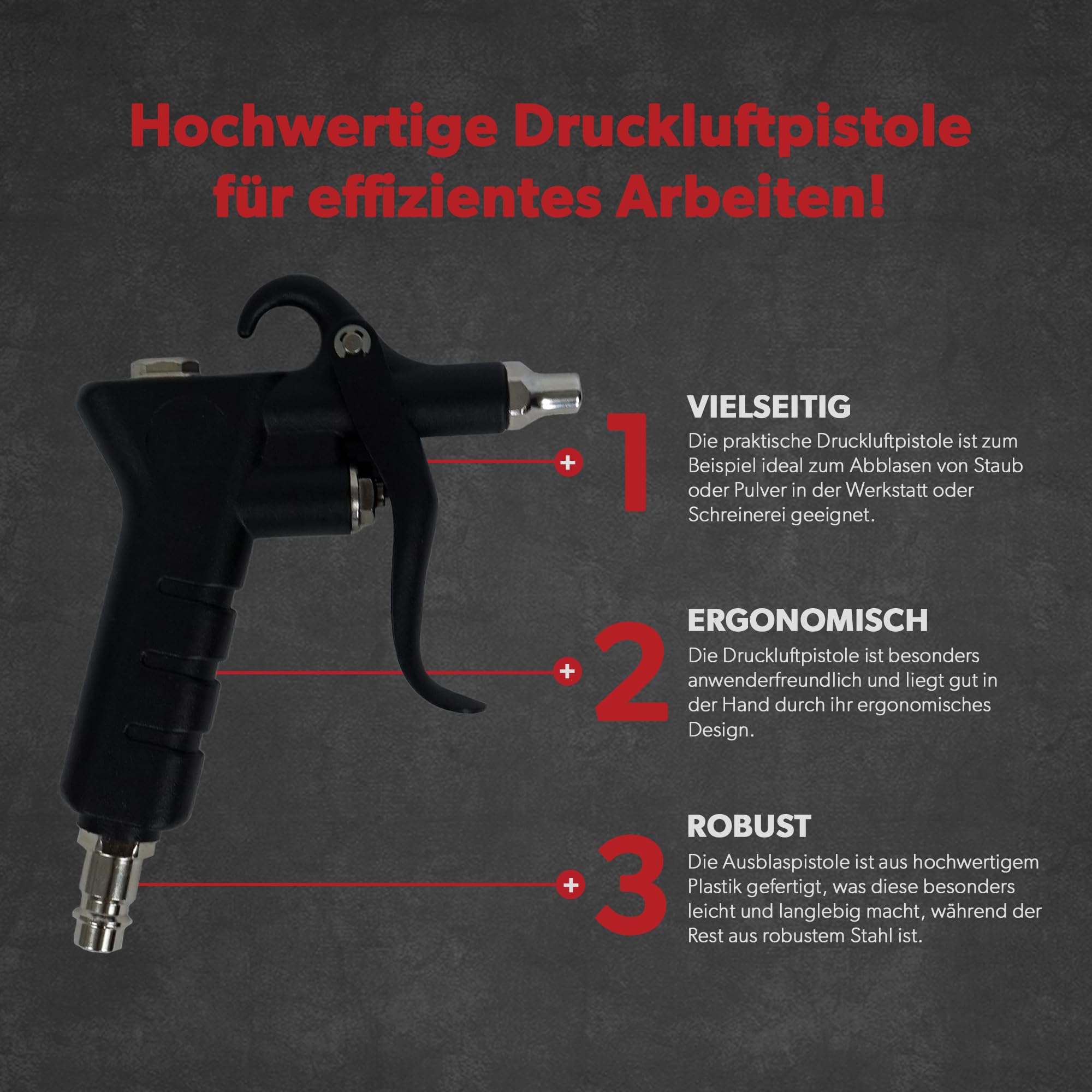 siwitec Kompressor Zubehör-Set: 5 m Druckluftschlauch, Druckluftpistole mit zwei Verlängerungen (6 und 10 cm) und Reifendruckprüfer bis max 12 bar mit vier Adaptern | Druckluftwerkzeug