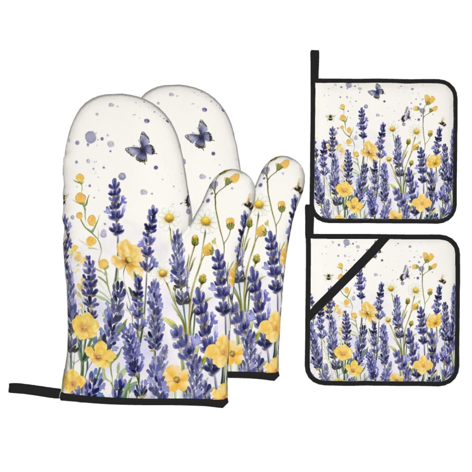 Purple Lavender Oven Mitts and Pot Holders Sets - Spring Floral Kitchen Mitts Potholders 4 Pack Heat Resistant Neutral Butterfly Oven Gloves Hot Pads for Kitchen Baking Grilling Party