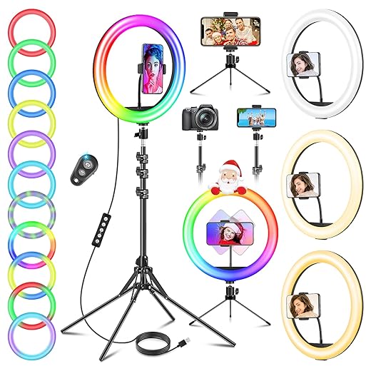 12.6'' Ring Light with Tripod Stand & Phone Holder Tall 188cm/74'', GerTong LED Selfie Circle Ringlight with Remote for Makeup YouTube Tiktok, Floor/Desk USB Halo Lamp with 40 RGB Modes 13 Brightness