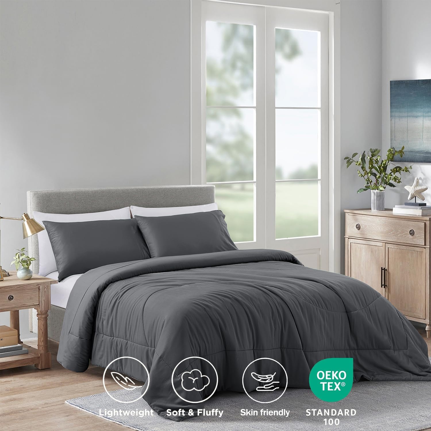 Zaizaihome Natural Bamboo Viscose Comforter Set King Size 3 Pieces, All-Season Soft Breathable Moisture-Wicking Quilt with Matching Pillowcases, Machine Washable, Quilted Fluffy Comforter (Dark Grey)