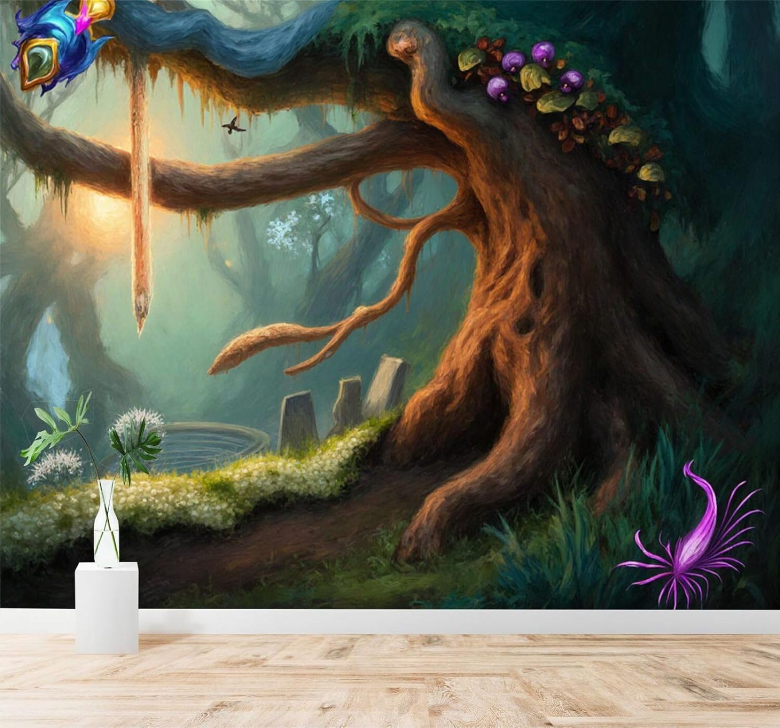 XLMING Fantasy Forest Trees Lights Plants 3D Wallpaper Silky Texture Home Study Office Grey Dining Room Sofa Bedroom Living Room TV Backdrop-250cm×170cm