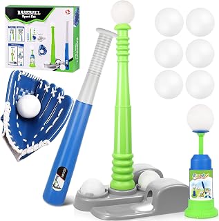 T Ball Set for Kids 3-5 5-8, Toddler Baseball Tee Ball Set for Boys Tball Set with 6 Balls, Batting Tee, Baseball Bat, Pitching Machine, Glove T Ball Stand Stocking Stuffers for Kids