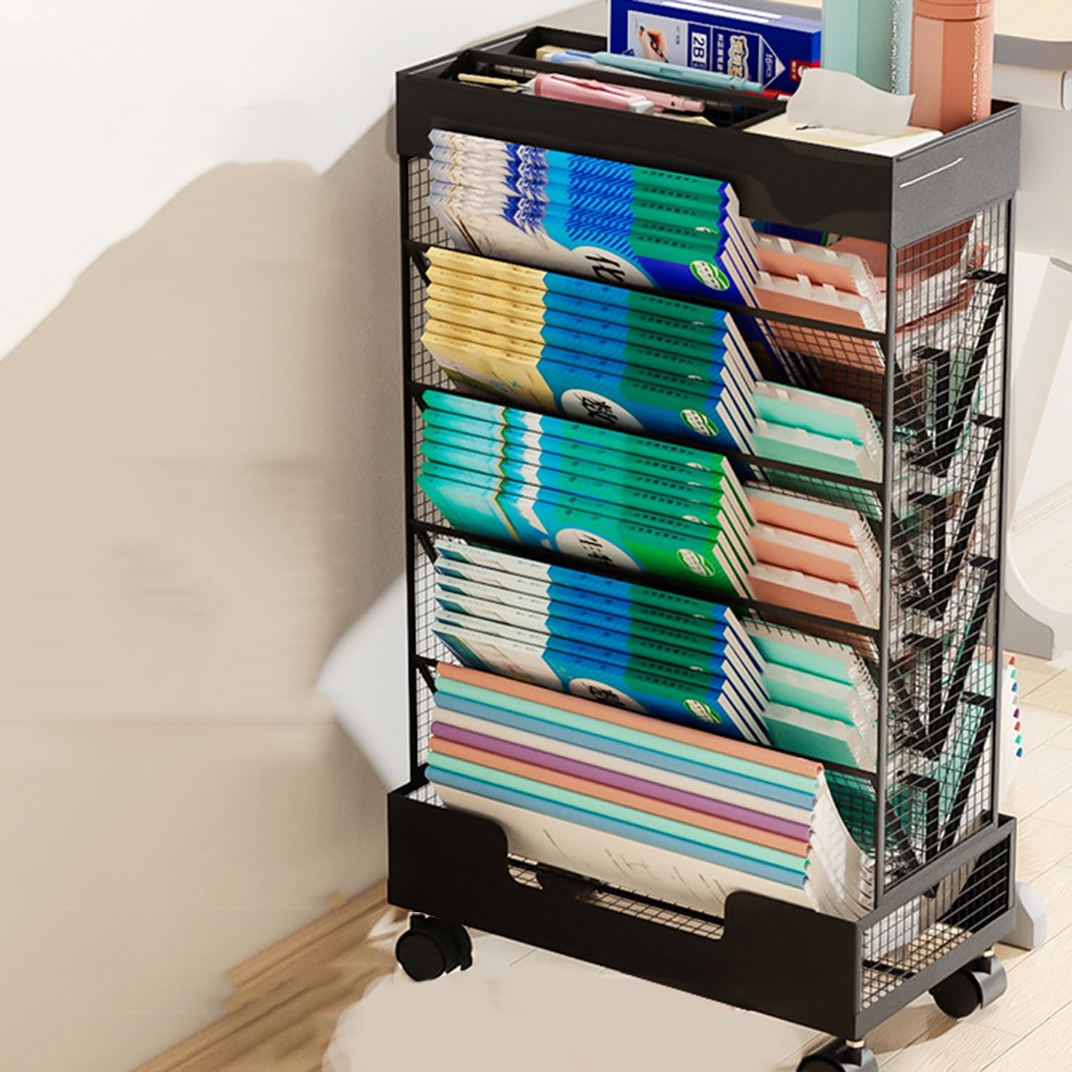 TUOYIBO Book Cart 6 Tier Metal Shelving Narrow Bookcase Mobile Bookcase Freestanding Storage Small Modern Bookshelf for Living Room, Bedroom and Office