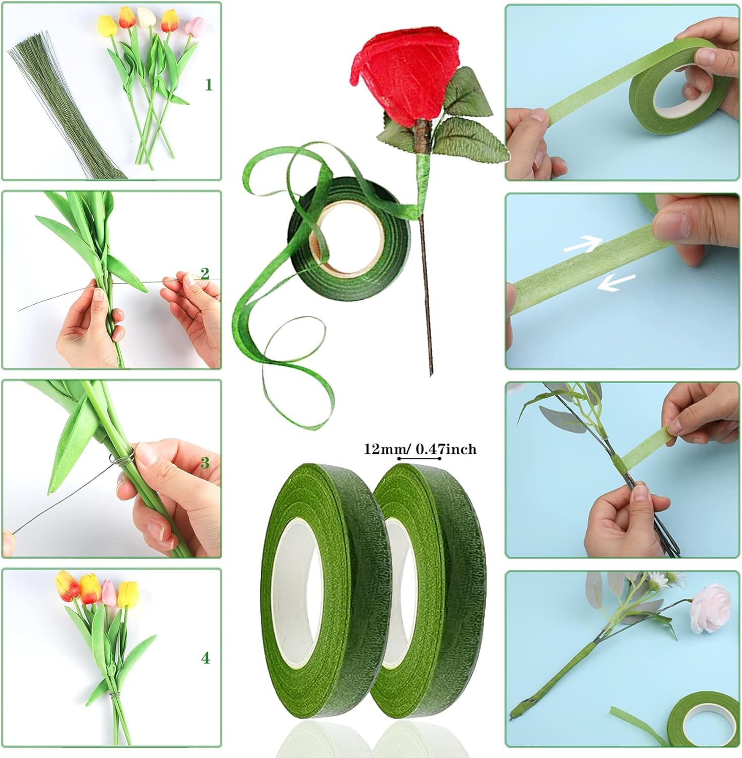 Pixora 50 Pcs Green Floral Stem Wire 3mm Thick 30cm (12 Inch) with 2 Rolls Floral Tape β for Crochet Flower, Artificial Flower, Bouquet Making & DIY Craft 4
