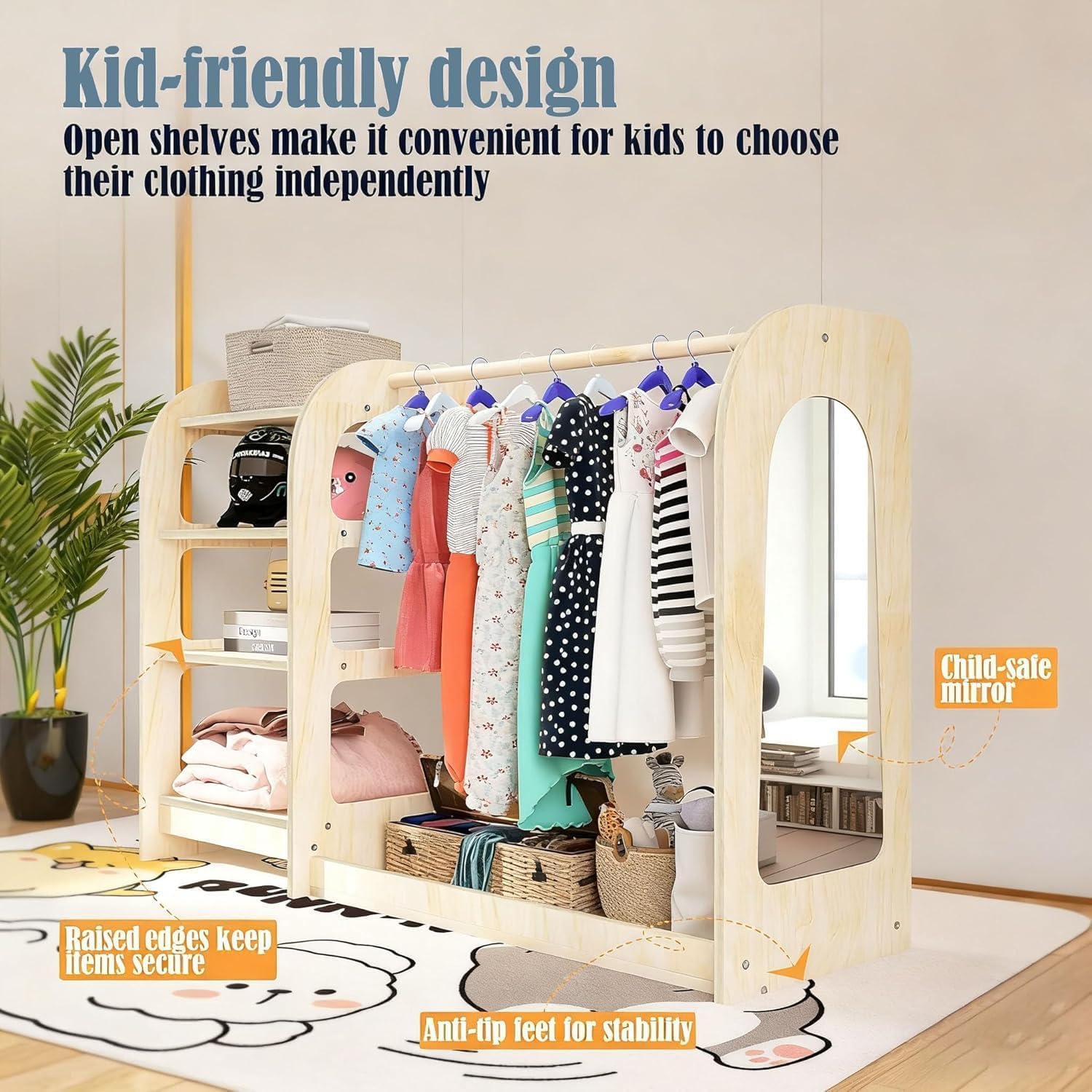 Kids Dress Up Storage with Mirror, Wooden Kids Dress Up Rack for Little Girls and Boys, Kid Wardrobe Closet with Storage Shelf