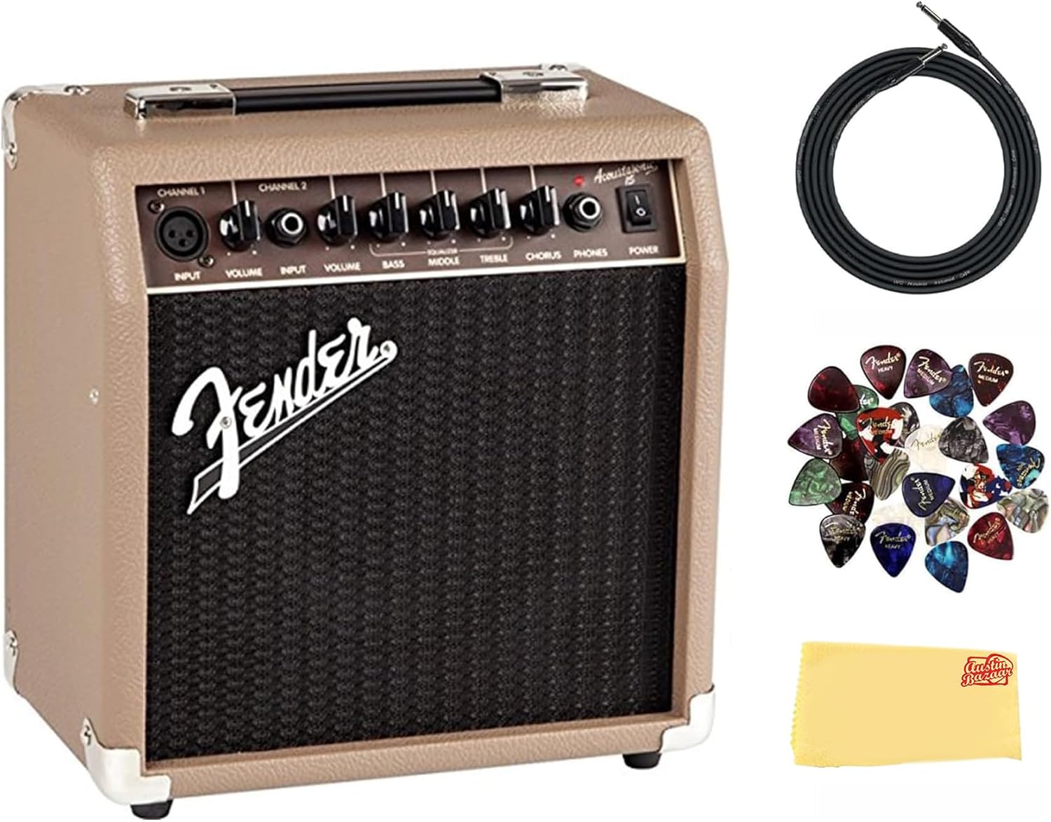 Fender Acoustasonic 15 Acoustic Guitar Amplifier Bundle with Instrument Cable, Picks, and Austin Bazaar Polishing Cloth