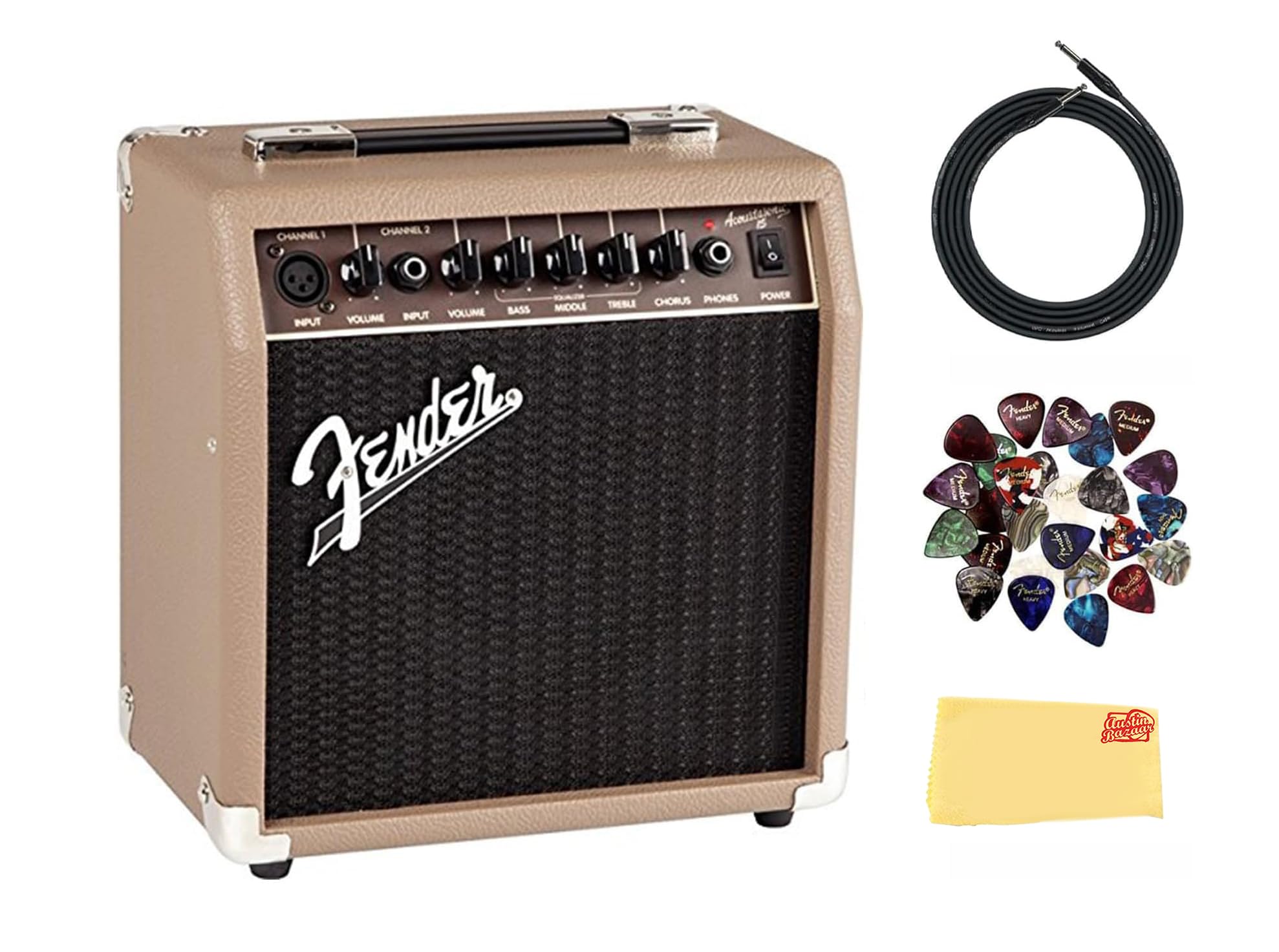 Acoustasonic 15 Acoustic Guitar Amplifier Bundle with Instrument Cable, Picks, and Austin Bazaar Polishing Cloth