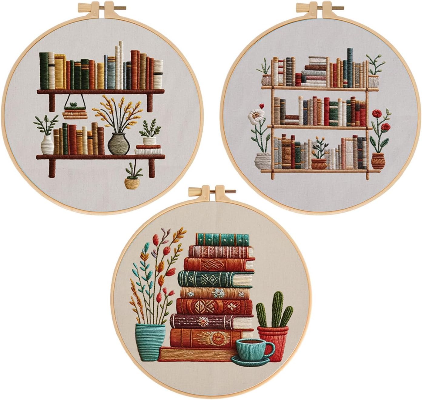 Creawonder 3-Set Embroidery and Punch Needle Kit for Beginners: 8'' Flowers & Books + Elegant Bookshelf Design, Complete Starter Kit with Hoop, Threads, Needles, Instructions for Home Office Decor