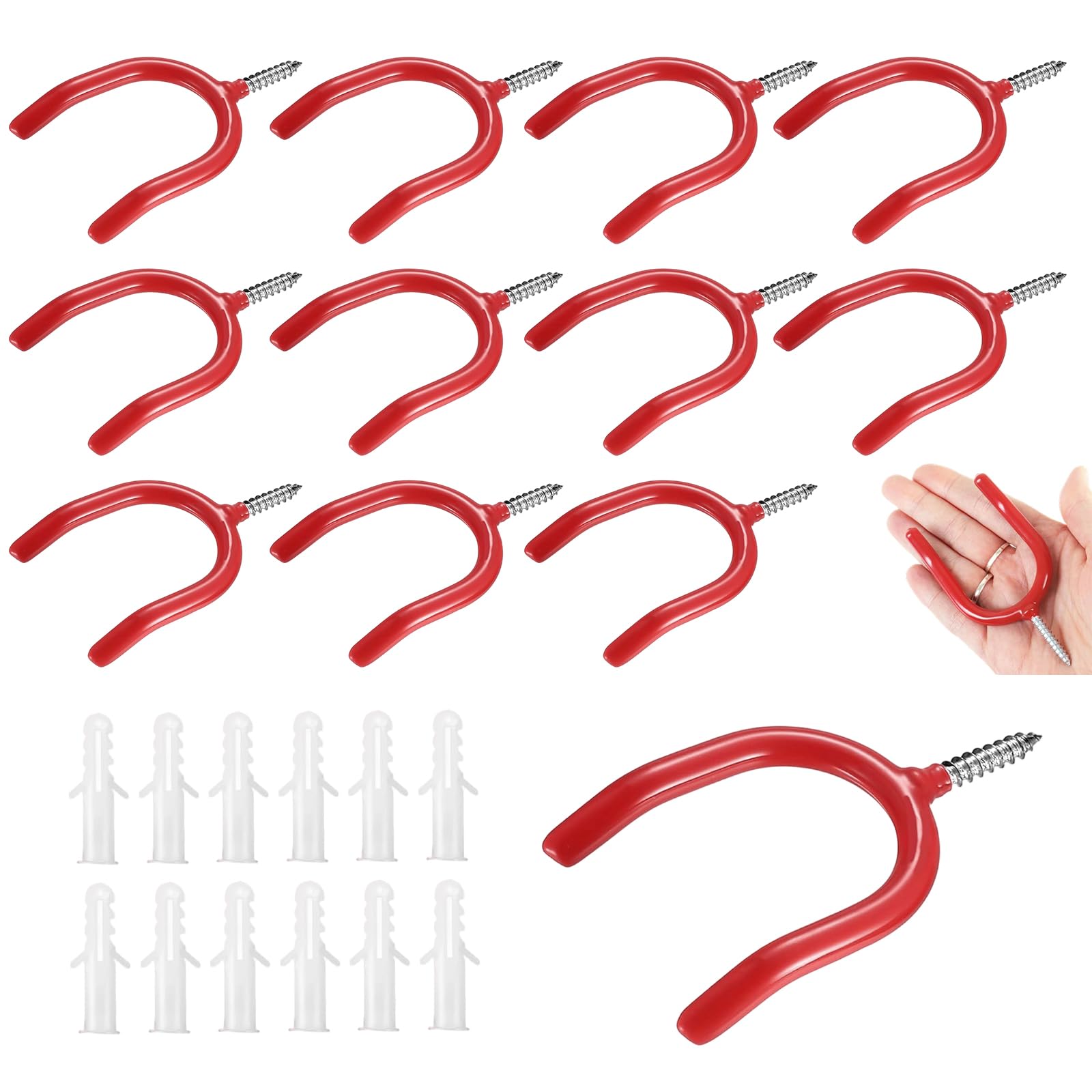 JSUOEO 12 PCS Garage Hooks Heavy Duty Ladder Hooks for Garage Wall Hook Shed Hooks for Hose Shovel Garden Tools Storage (Red)