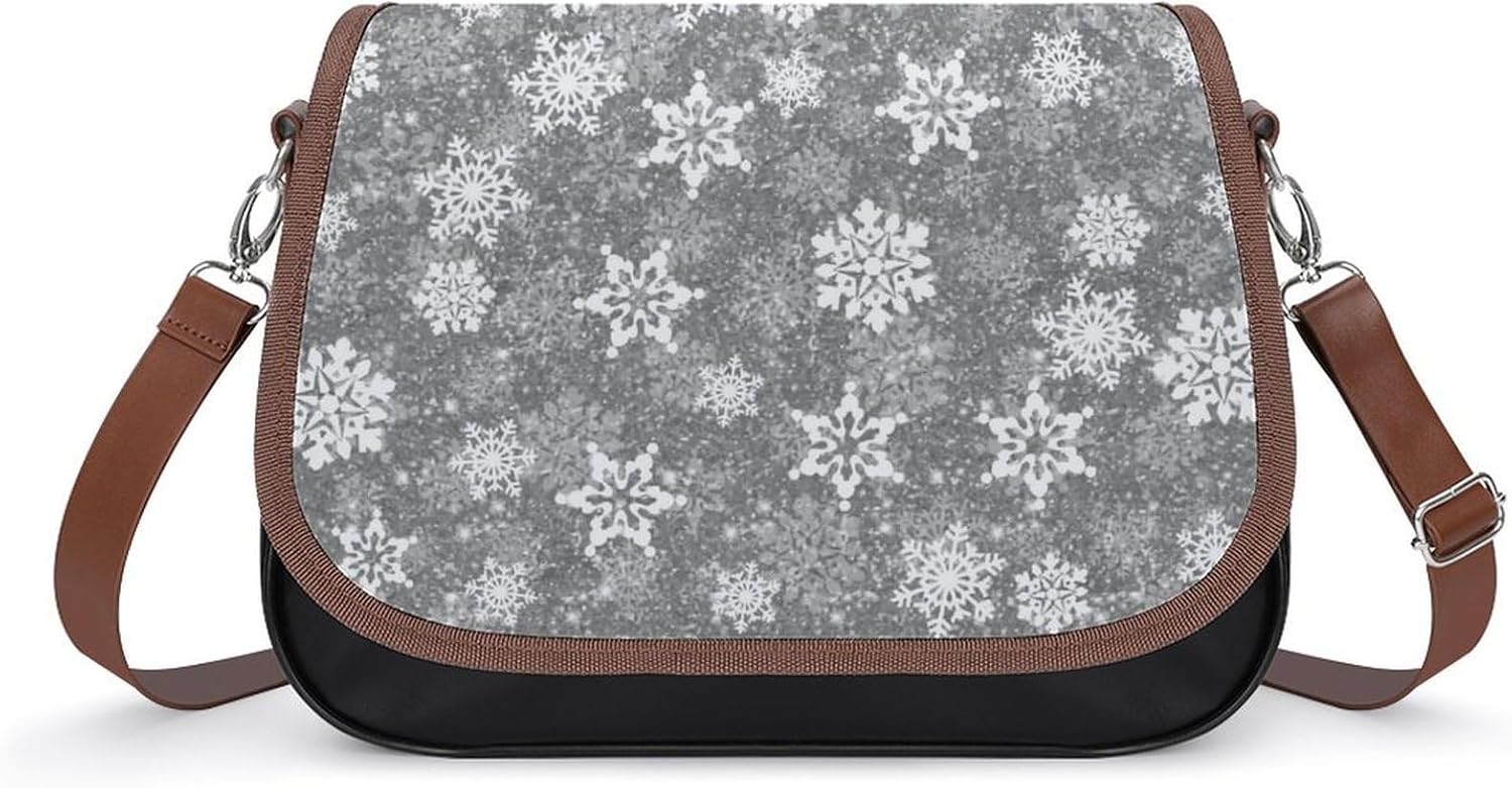 White Snowflakes Gray ChristmasWomen's Faux Leather Crossbody Bag, Waterproof Wrinkle-Resistant Shoulder Bag with Detachable Strap, Large Capacity Casual Handbag, Fashion Daily Purse for Shopping Work