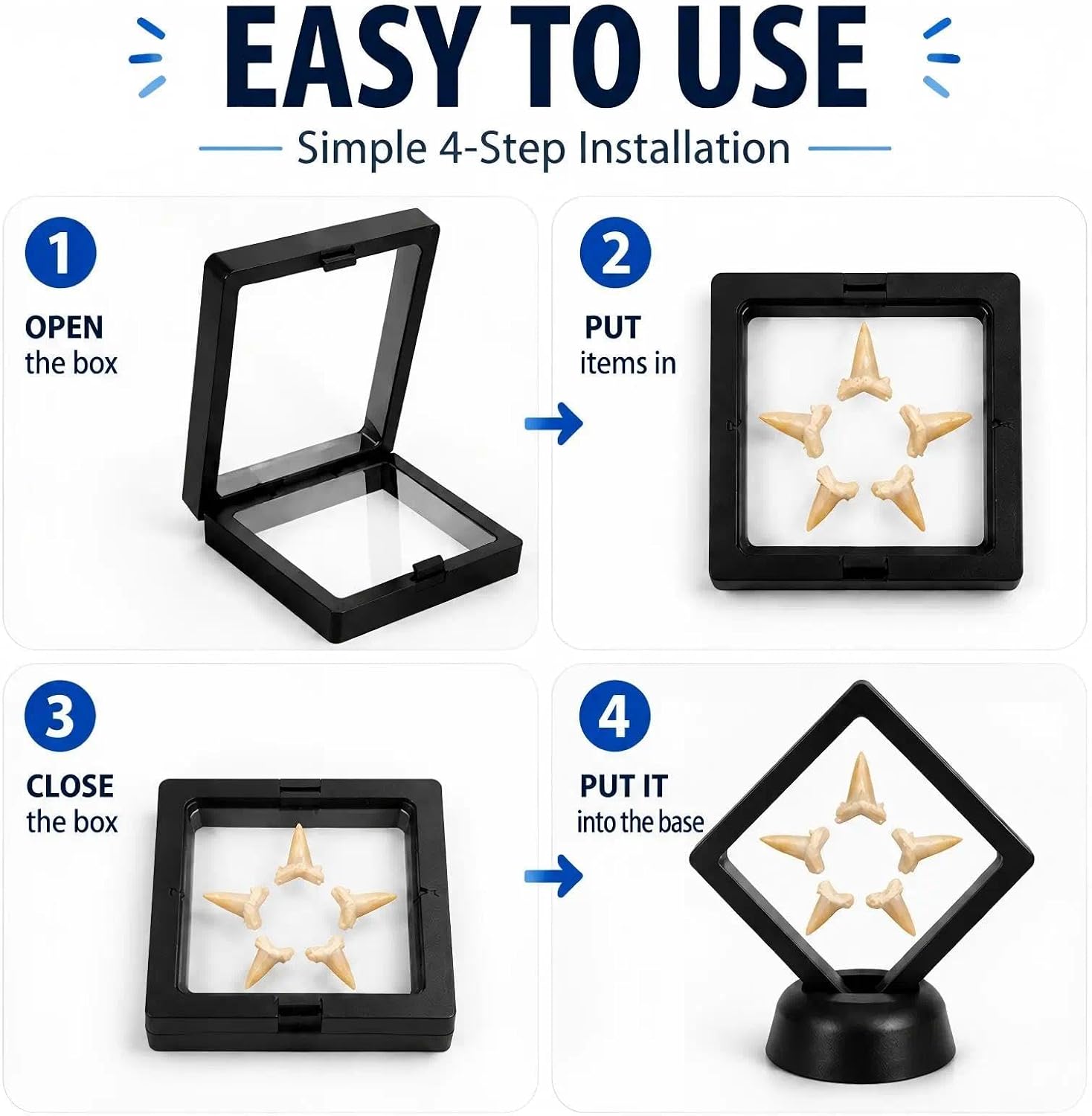 2 Pack Shark Tooth Display Case, Floating 3D Sealed Holder for Shark Teeth, Fossils & Jewelry, Dust-Proof PE Film Display Box for Collectors (2.76 x 2.76 in)