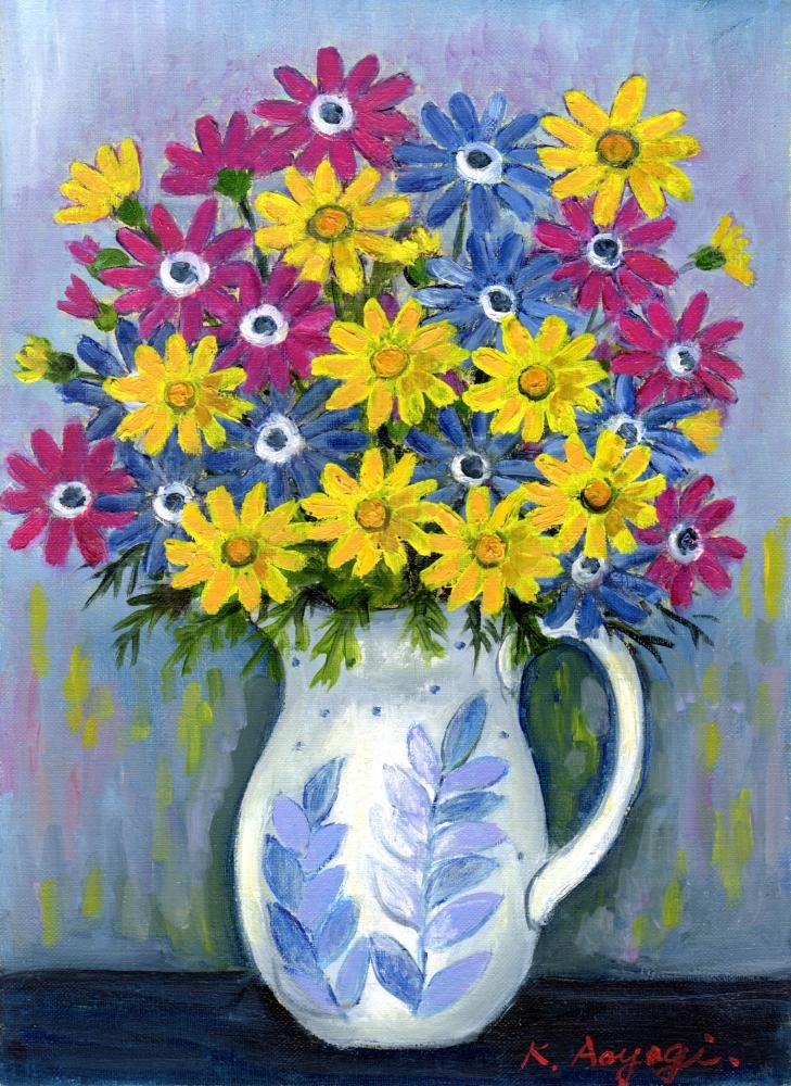 Amazon | 青柳キミ子 「サイネリア」 花 絵画 油絵 油彩画 額付き