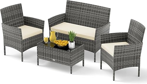Miniatura 31 de RELAX4LIFE Juego de muebles de patio de 4 piezas – Juego de muebles de ratán para conversación al aire libre con cojines, mesa de centro de cristal