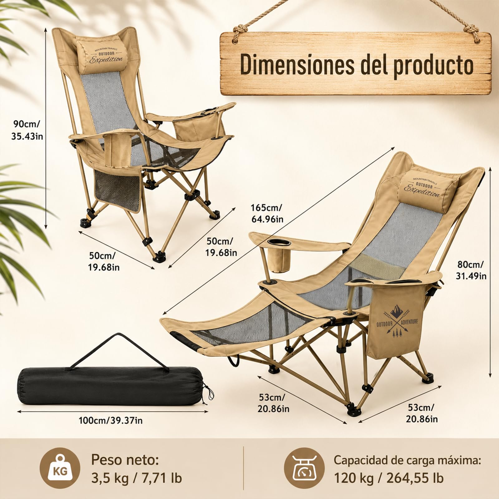 Silla Camping Plegable, 2 en 1 Sillas Playa con Footrest, Regulación de Altura en 4 Posiciones, Incluye Bolsa Isotérmica y Portavasos, Hasta 120KG, para Outdoor Camping Garden Fishing Terrace