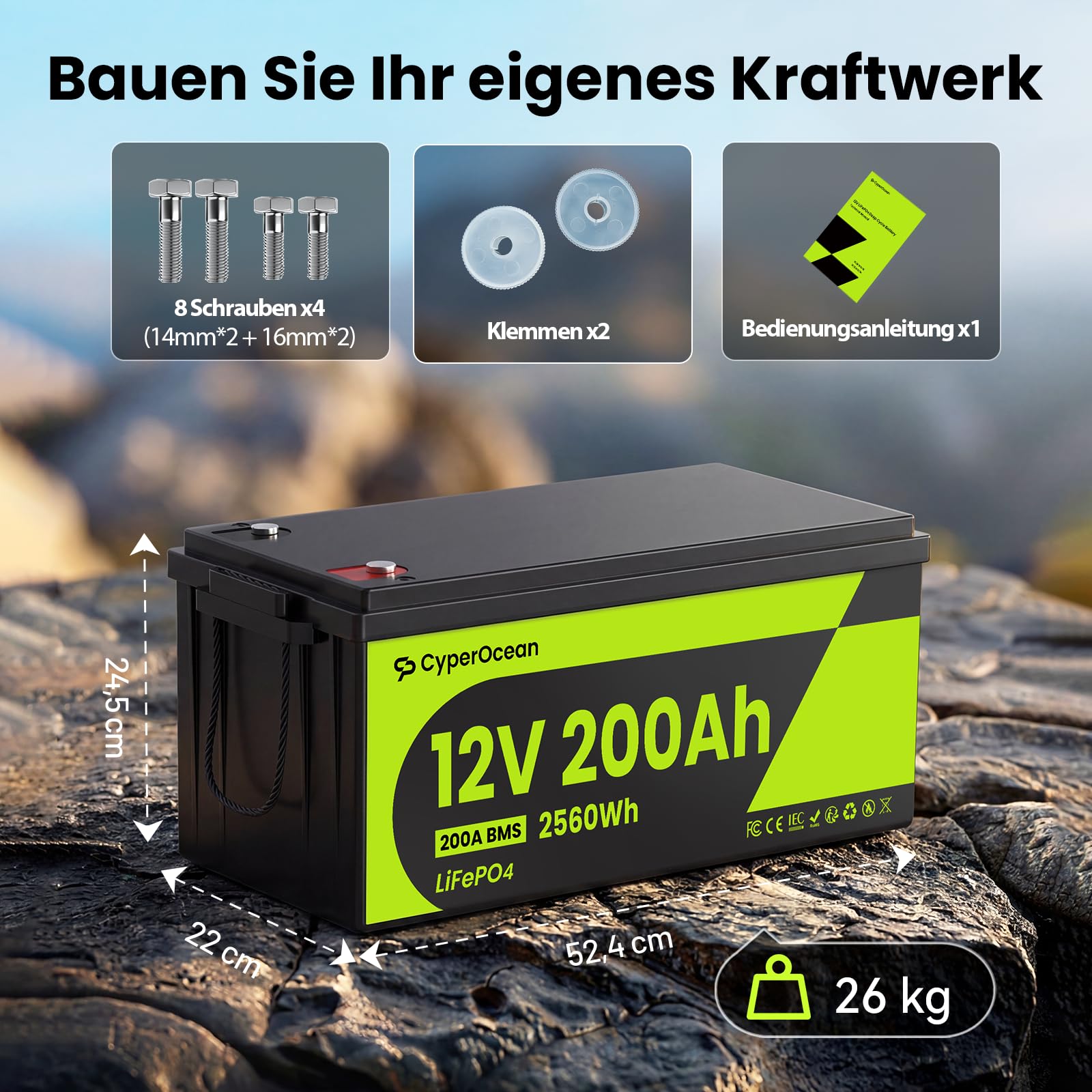 LiFePO4 Batterie 12V 200Ah,Lithium Batterie 2560Wh mit 200A BMS Low-Temp Schutz und Max. 15000 Zyklens, Autobatterie für Wohnmobil,Solaranlage Komplettset,Boot