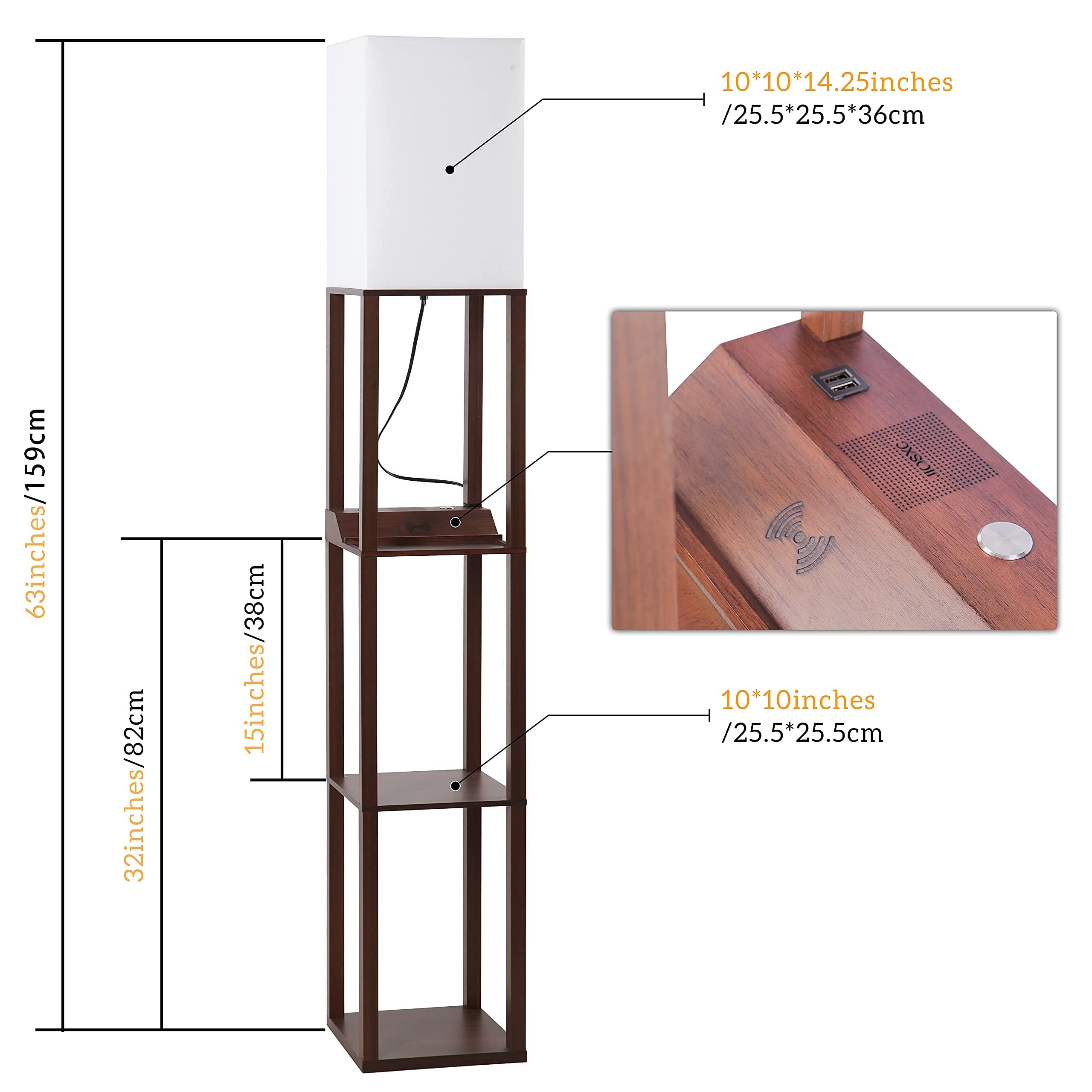 Brown Shelf Floor Lamps with USB Charging Ports and Wireless Speaker
