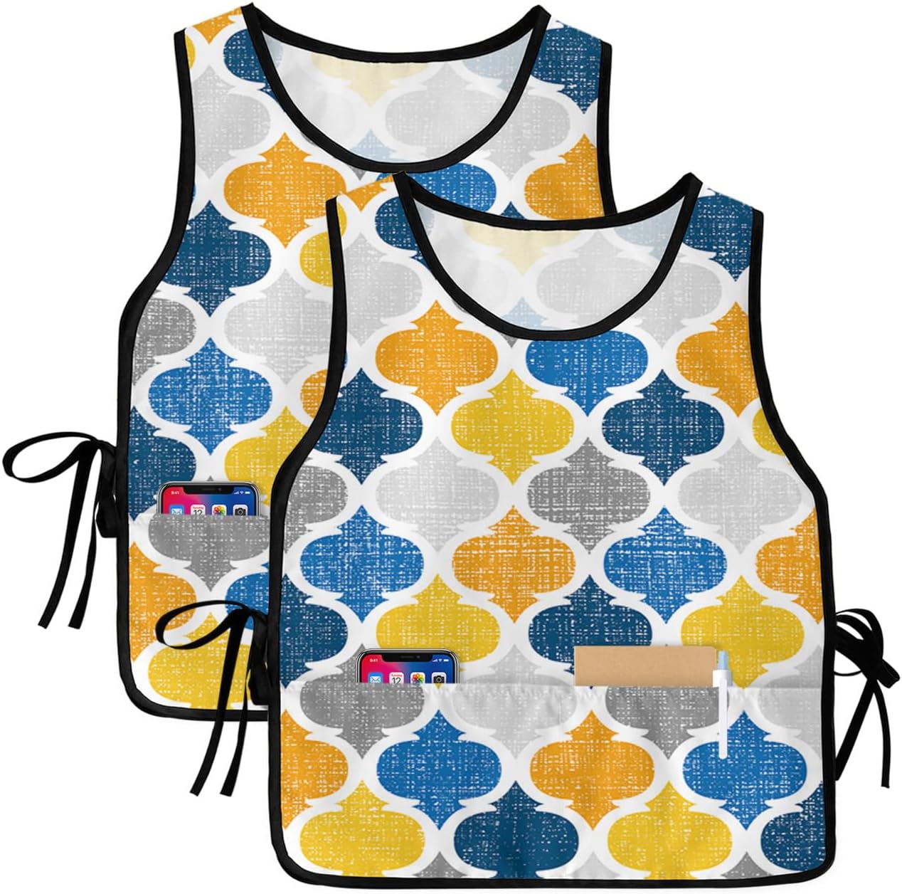 Unisex Cobbler Apron with 2 Pockets, Blue Yellow Geometric Morocco Pattern Waterproof Vest Kitchen Chef Apron, Smock Apron Vest Cobbler Aprons for Women Men, 2 Pack, 20” x 27.5”