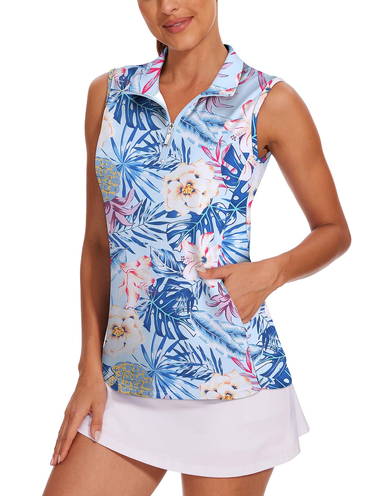 Tanst Sky Womens Sleeveless Golf Shirt Zip Up Workout Tops with Pockets