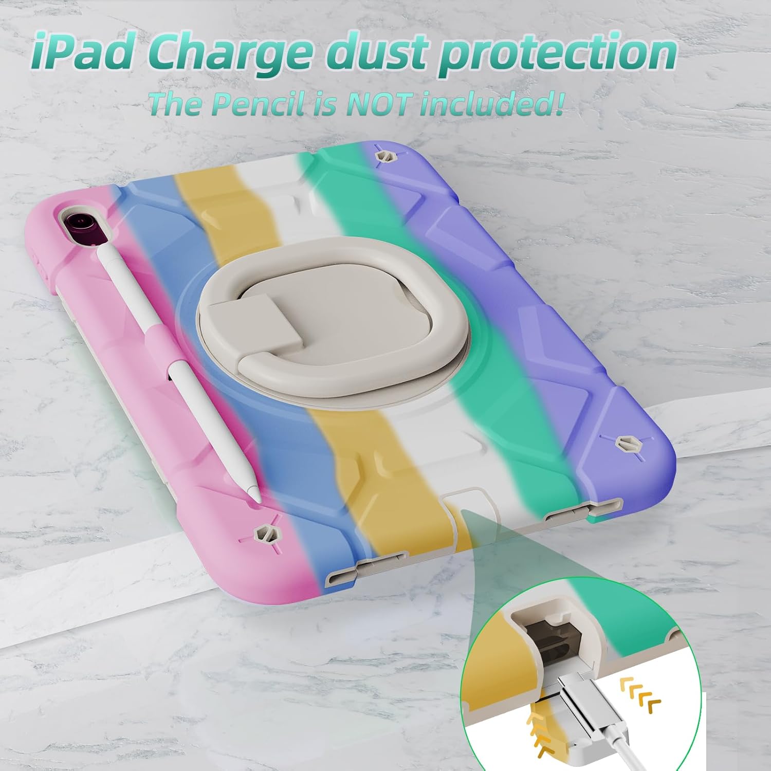 case for iPad (A16) 11th Generation 11 Inch (2025)，iPad 10th Generation 10.9 Inch(2022),with[Tempered Glass Screen Protector] [Pencil Holder] 360° Rotating Handle Stand (Rainbow)