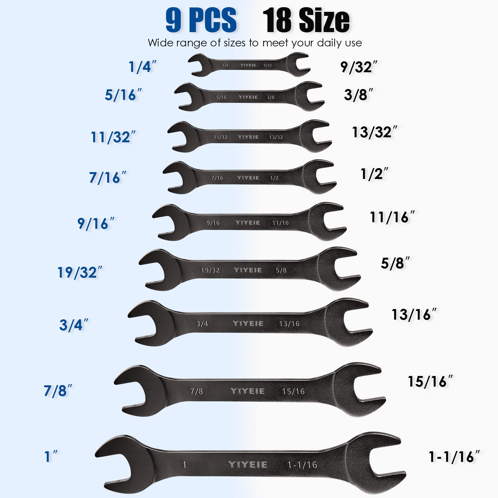 YIYEIE 9 szt. Super cienki zestaw kluczy SAE 1/10.2 cm do 1-1/40.6 cm, niklowanie, stal CR-V, ultracienki zestaw kluczy z otwartym końcem z torbą na kółkach