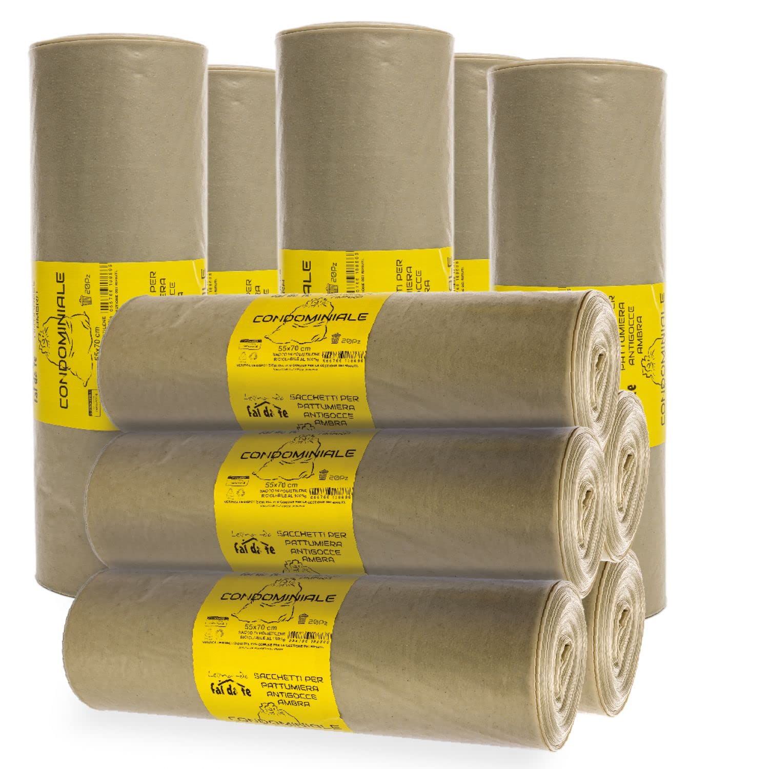 Leonardo Fai Da Te - Grandi sacchi spazzatura 55x70 200 sacchetti, sacchi ambra resistenti - 100% plastica riciclabile, sacchi resistenti e robusti - 100% Made in Italy.