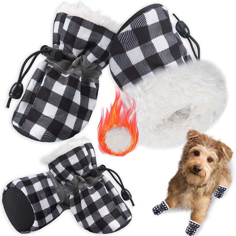 Botas de Inverno para Cães com Solado Antiderrapante e Forro de Fleece TEOZZO Preto e Branco Tamanho 4, Pacote com 4