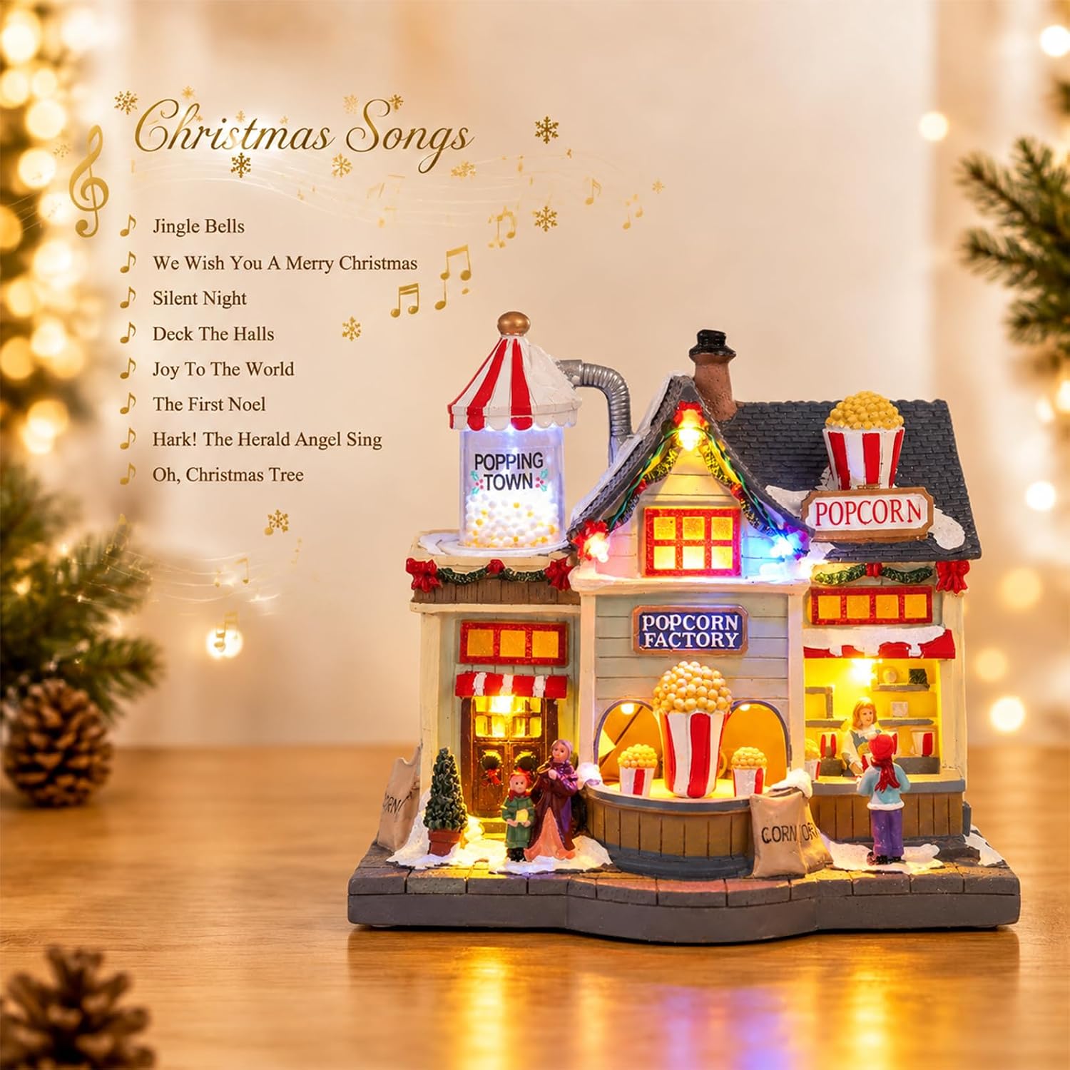 MUMTOP Animated Christmas Village, Lighted Popcorn Factory Christmas Houses
