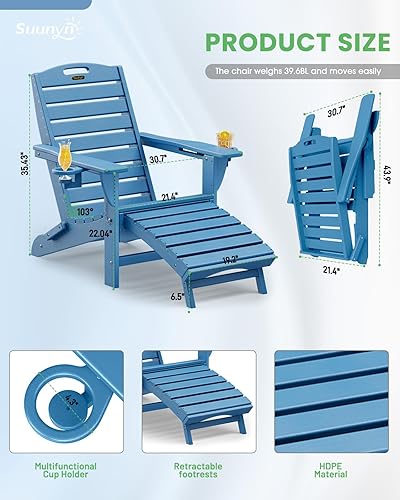 Miniatura 3 de Silla plegable Adirondack con otomana retráctil, resistente a la intemperie, silla de patio con 2 portavasos, silla de césped al aire libre (azul