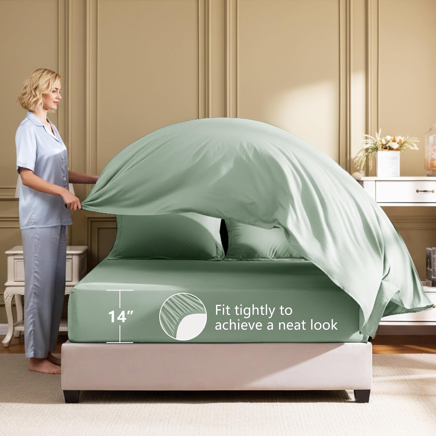 HIMEET Queen Comforter Set - 7 Pieces Bed in a Bag Queen Size, Luxury Comforter Set with Sheets for All Season, Bed Set with Comforter, Flat Sheet, Fitted Sheet, Pillowcases & Shams, Sage Green
