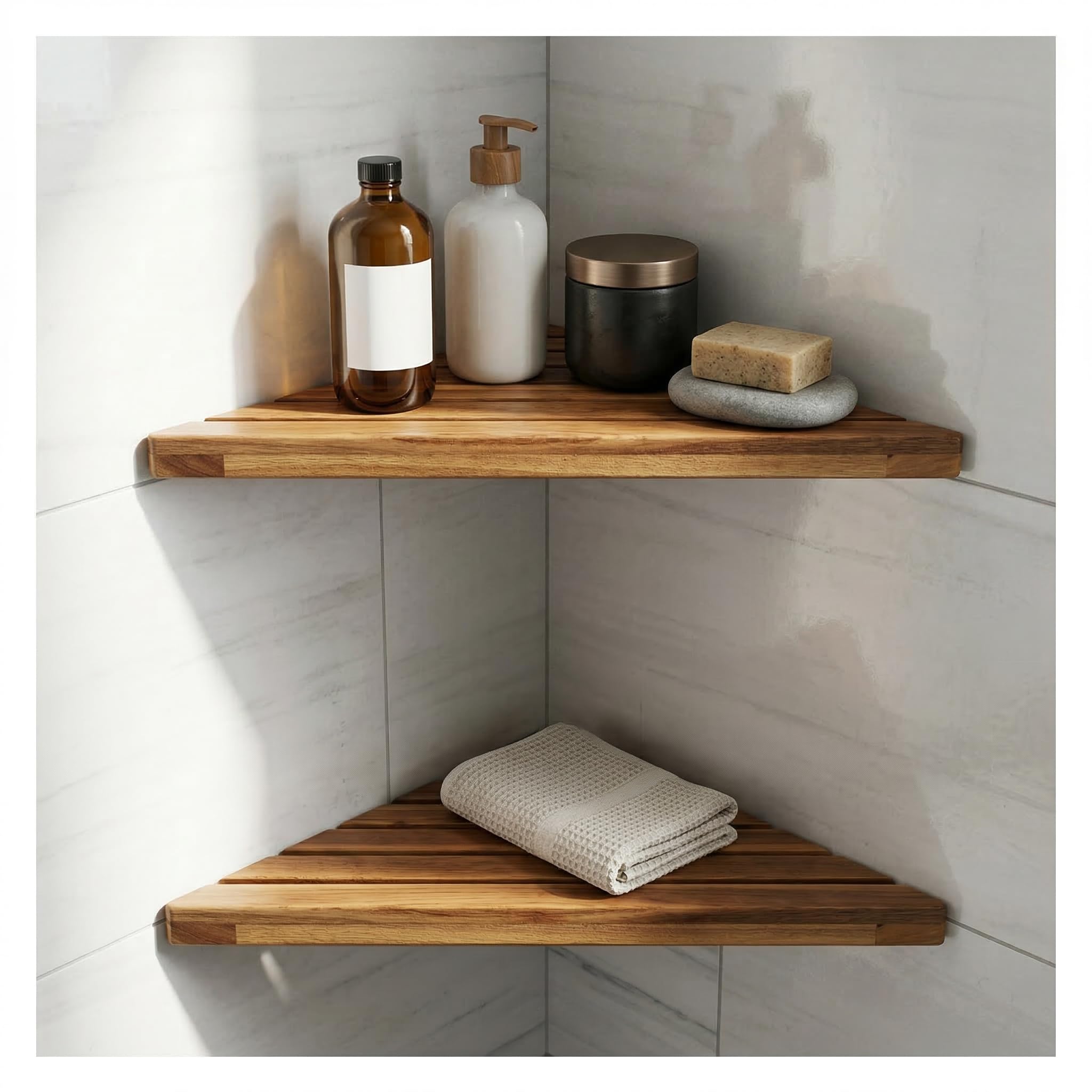 DITAVN Wooden Corner Shower Shelf Triangular Corner Shelf Wooden Bathroom Shelf for Tiled Wall, 2 Pack Shower Corner Shelf, No Drilling Requied