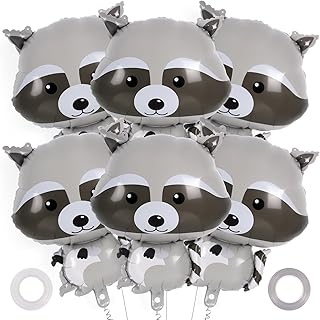 AIQINHU Raccoon Balloons - 6 Pcs Cute Foil Balloons for Woodland Animal Themed Party, Camping, Birthday, Baby Shower